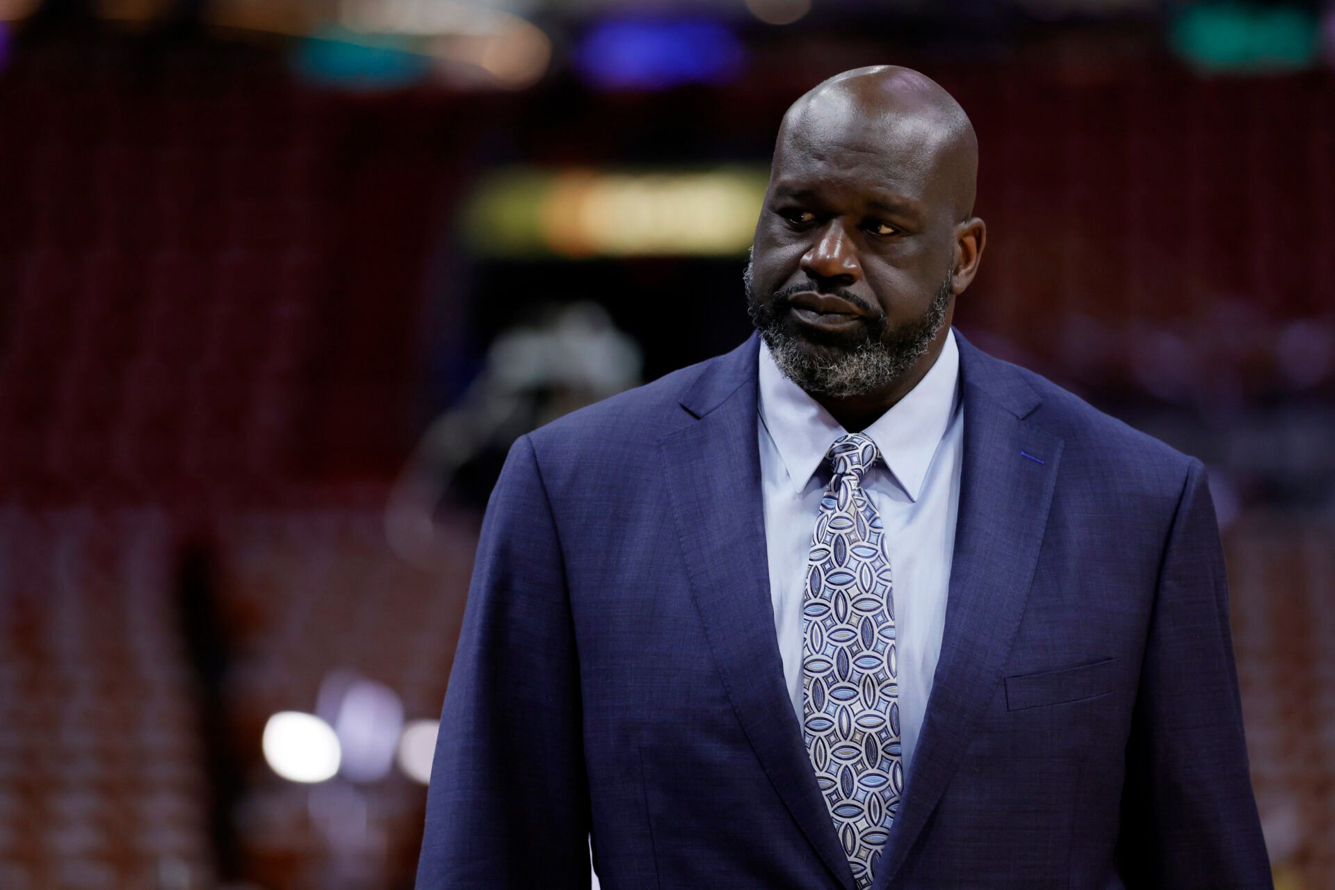 Shaquille O'Neal looks on before game four between the Miami Heat and the Boston Celtics in the Eastern Conference Finals for the 2023 NBA playoffs at Kaseya Center.