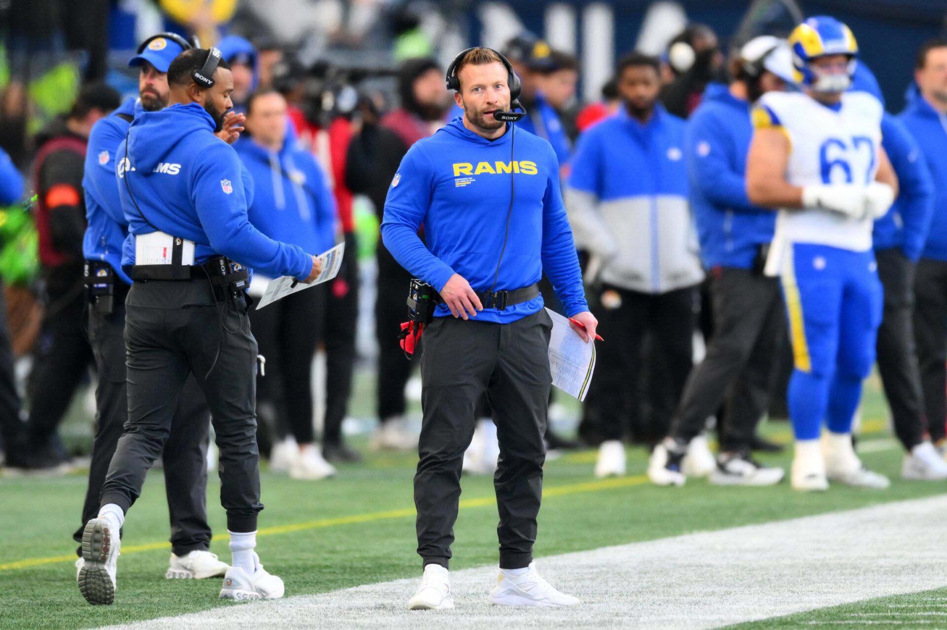 Los Angeles Rams head coach Sean McVay looks on during the first half against the Seattle Seahawks in the 2026 NFC Championship Game at Lumen Field.