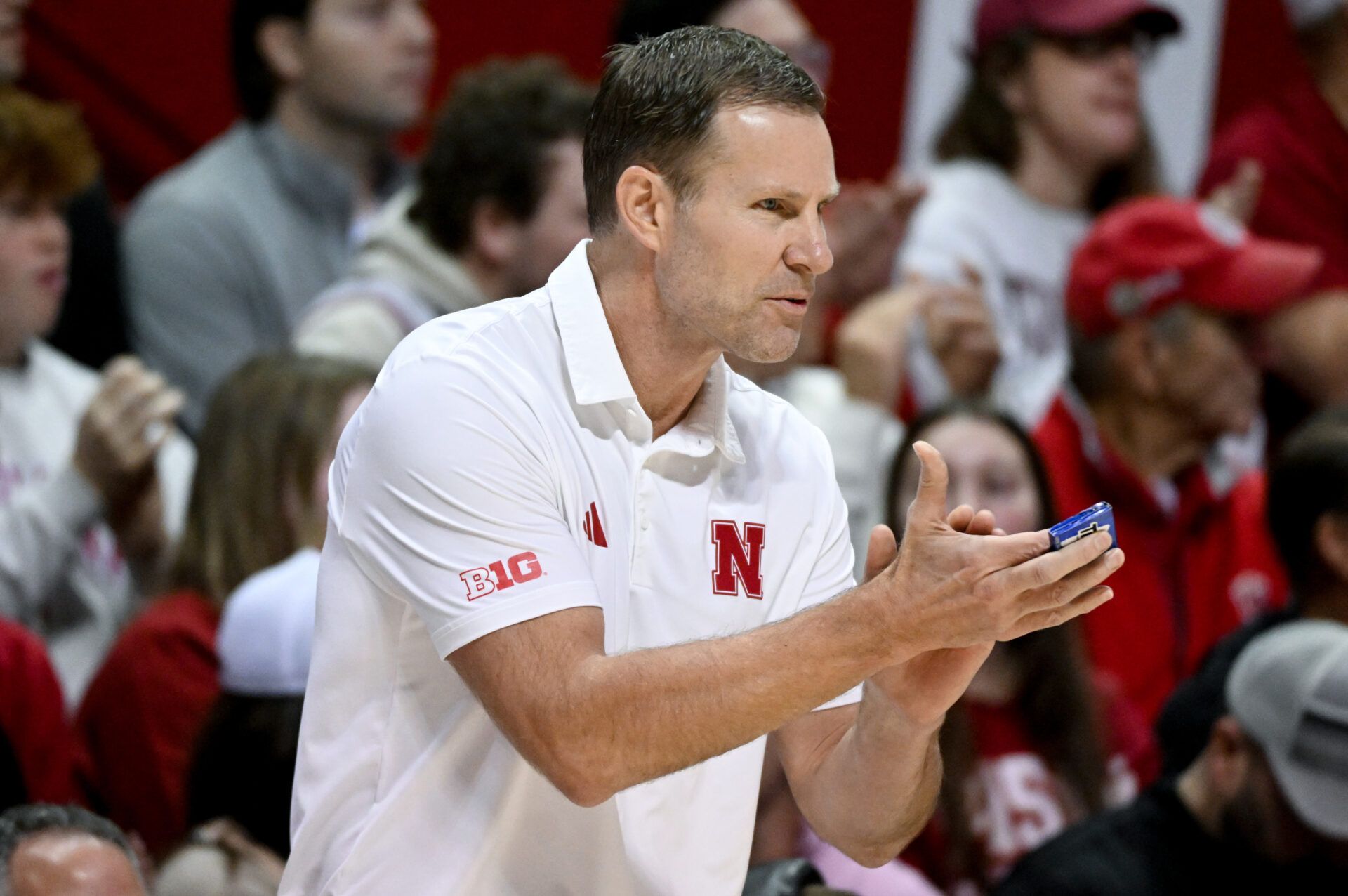 Nebraska Cornhuskers head coach Fred Hoiberg claps his hands against the Indiana Hoosiers during the first half at Simon Skjodt Assembly Hall.