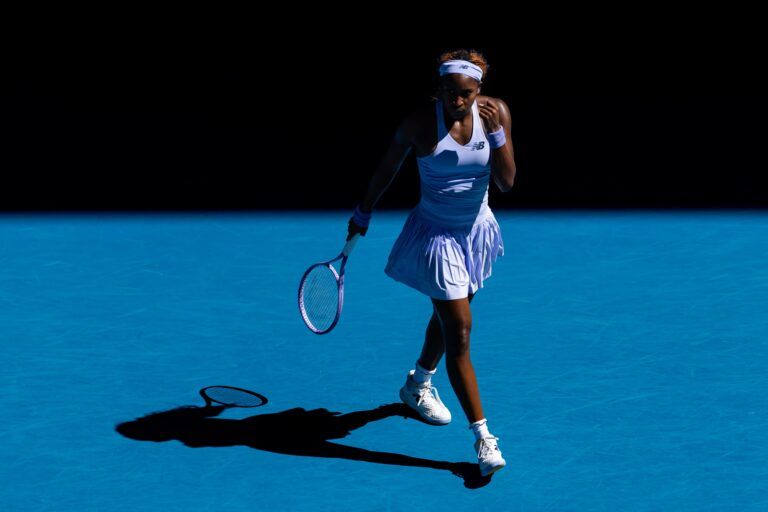 Coco Gauff of United States in action against Olga Danilovic of Serbia in the second round of the womens singles at the Australian Open at Margaret Court Arena in Melbourne Park.