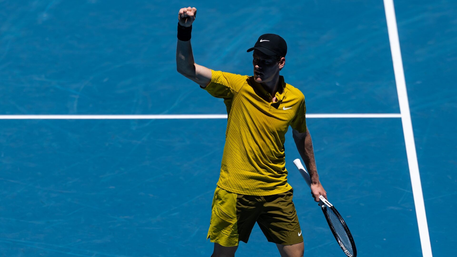 Jannik Sinner of Italy in action against Eliot Spizzirri of United States in the third round of the mens singles at the Australian Open at Rod Laver Arena in Melbourne Park.