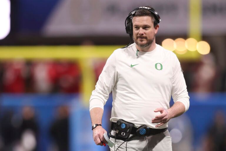 Oregon Ducks head coach Dan Lanning reacts during the first half of the 2025 Peach Bowl and semifinal game of the College Football Playoff against the Indiana Hoosiers at Mercedes-Benz Stadium.