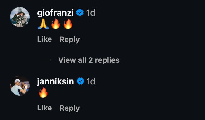 Jannik Sinner and Giovanni Franzoni comments under Marco Odermatt's post (via Odermatt's Instagram)