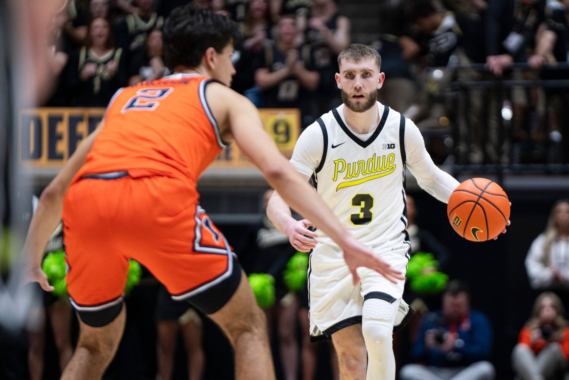 Purdue Boilermakers guard Braden Smith (3) dribbles while looking for an open teammate during the second half against the Illinois Fighting Illini at Mackey Arena.