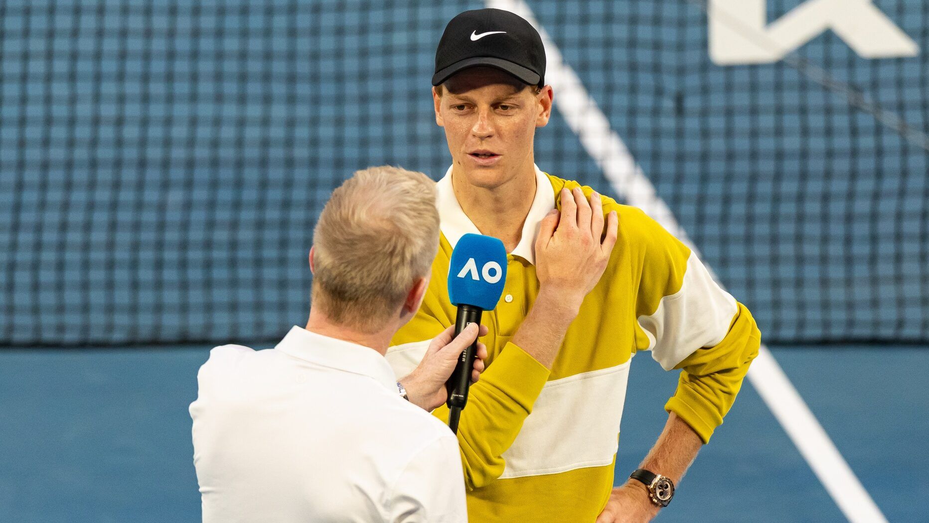 Jannik Sinner of Italy after his match against Hugo Gaston of France in the first round of the mens singles at the Australian Open at Rod Laver Arena in Melbourne Park.