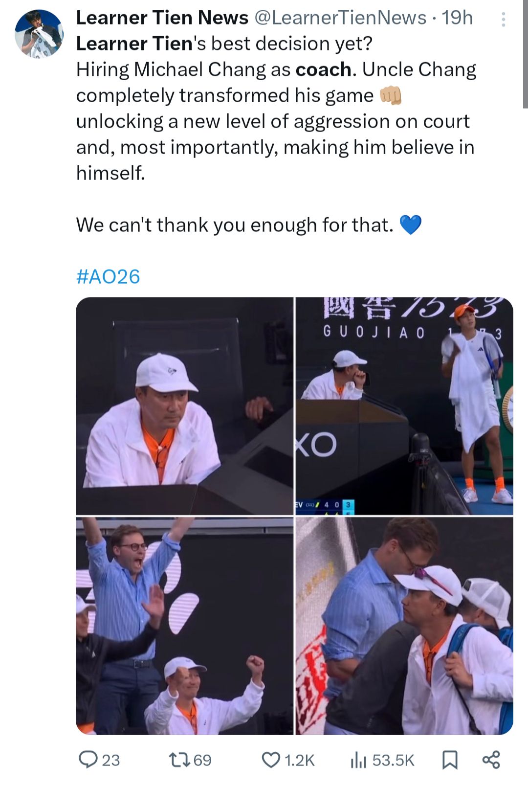 A Learner Tien fan praised his partnership with Michael Chang on X