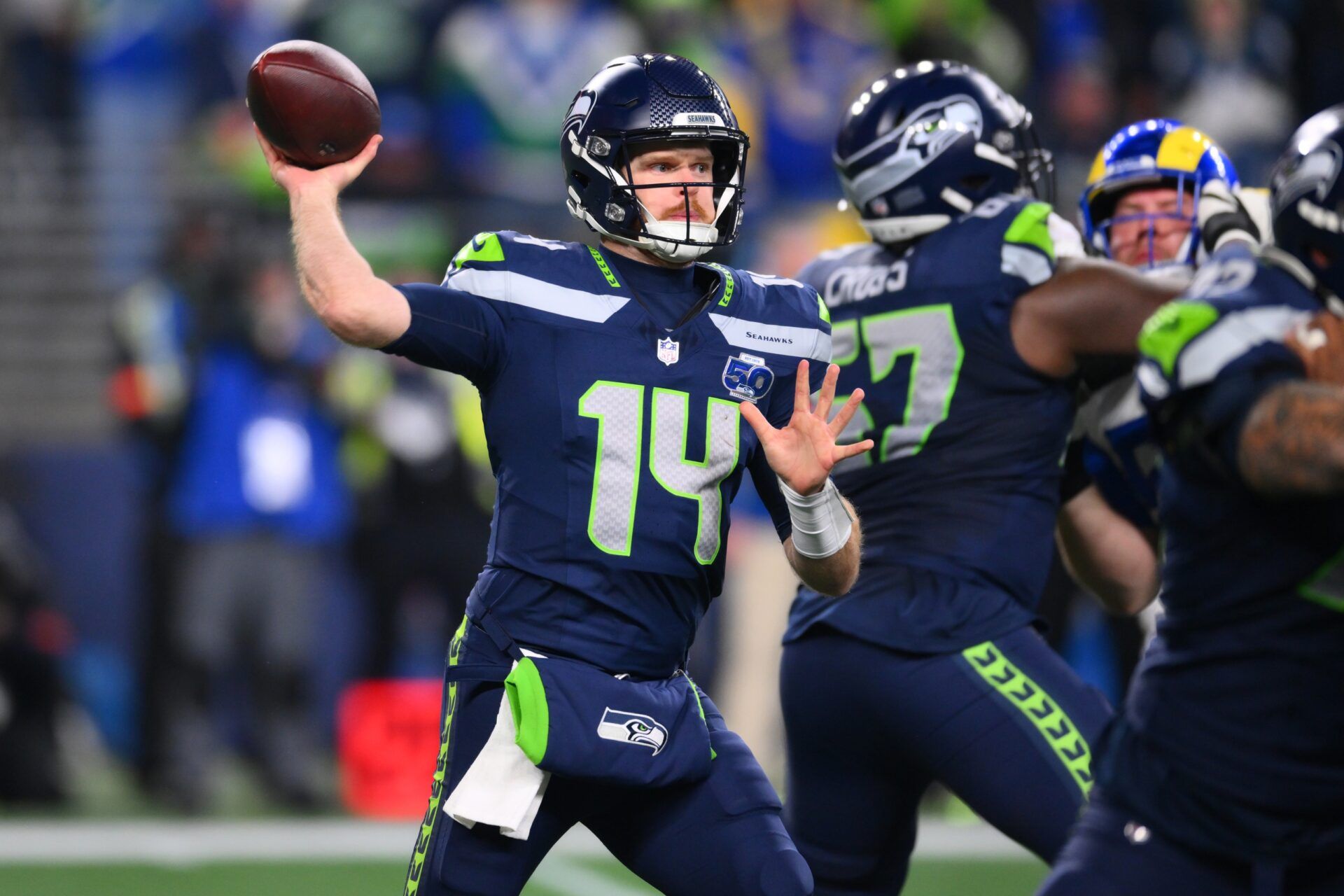 Seattle Seahawks quarterback Sam Darnold (14) passes against the Los Angeles Rams during the second half in the 2026 NFC Championship Game at Lumen Field.
