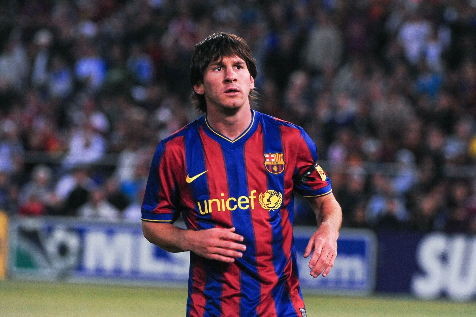 FC Barcelona forward Lionel Messi (10) looks on during the first half in the Night of Champions international friendly contest against Chivas de Guadalajara at Candlestick Park.