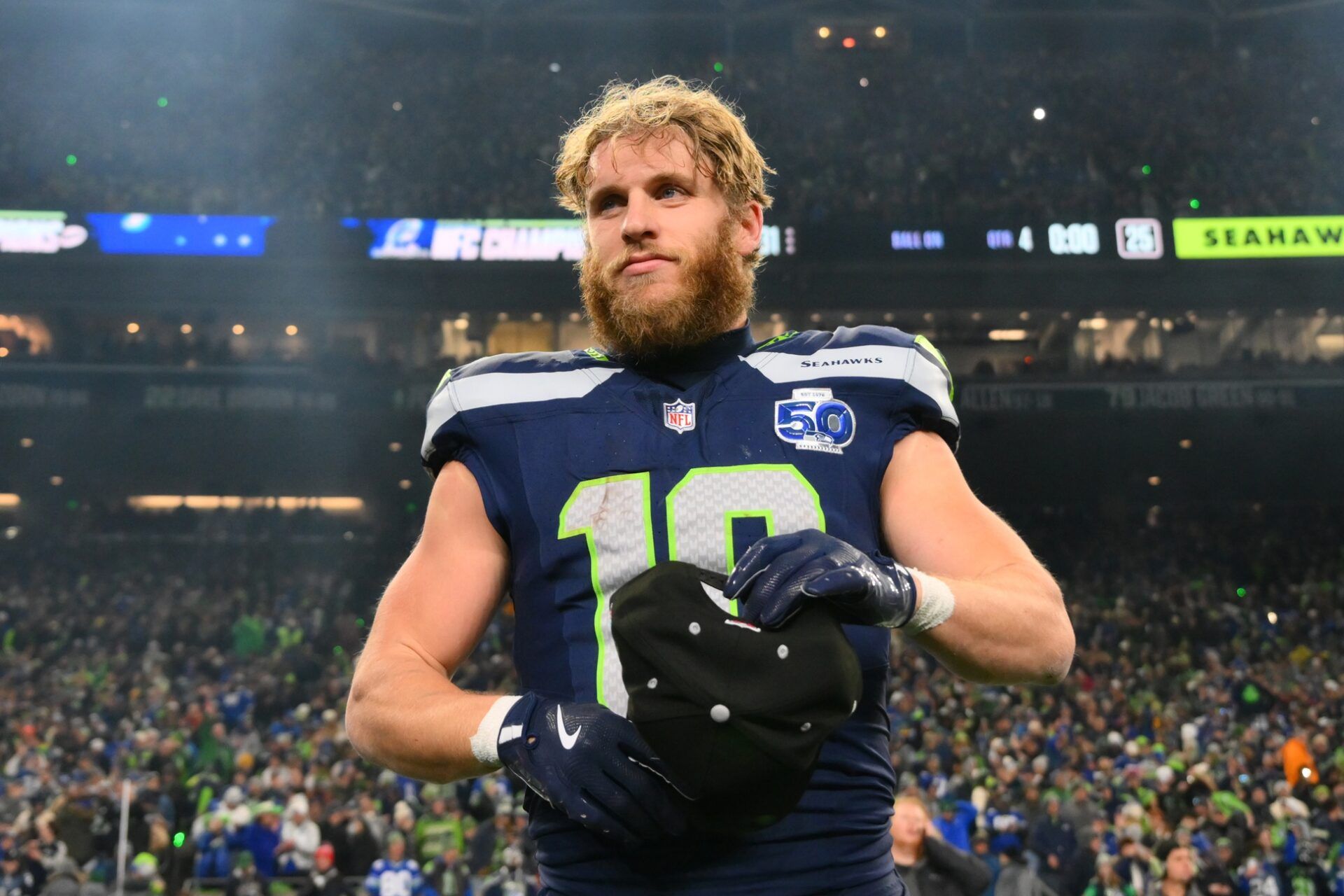 Seattle Seahawks wide receiver Cooper Kupp (10) leaves the field after defeating the Los Angeles Rams in the 2026 NFC Championship Game at Lumen Field.