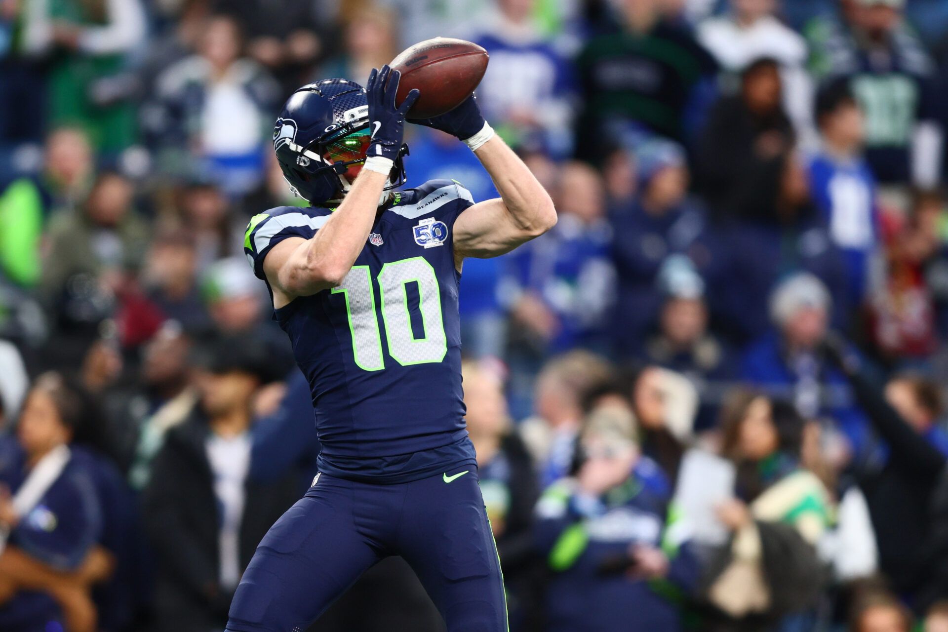 Seattle Seahawks wide receiver Cooper Kupp (10) warms up prior to a game against the San Francisco 49ers in an NFC Divisional Round game at Lumen Field.