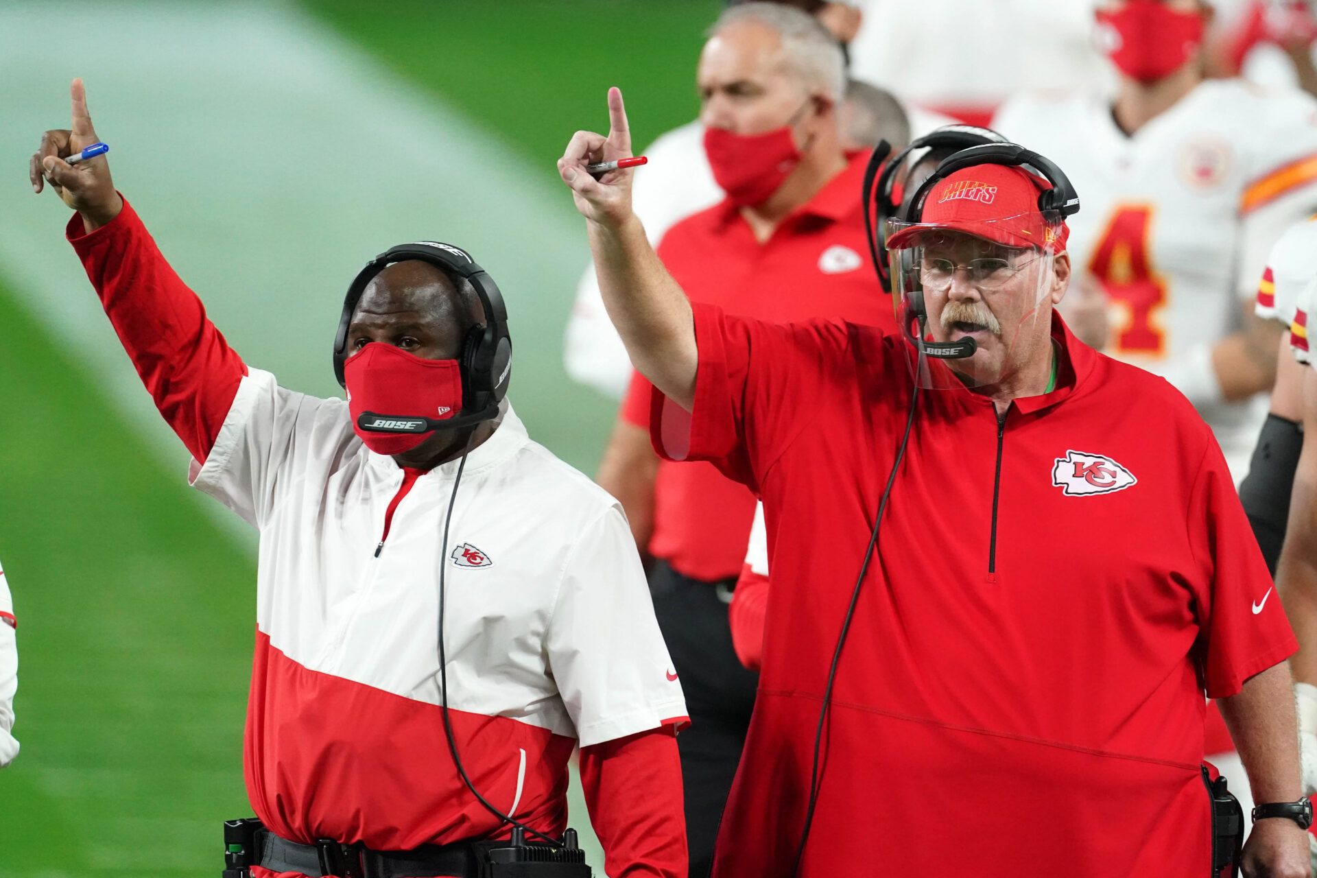 Kansas City Chiefs offensive coordinator Eric Bieniemy (left) and coach Andy Reid react during the game against the Las Vegas Raiders at Allegiant Stadium.