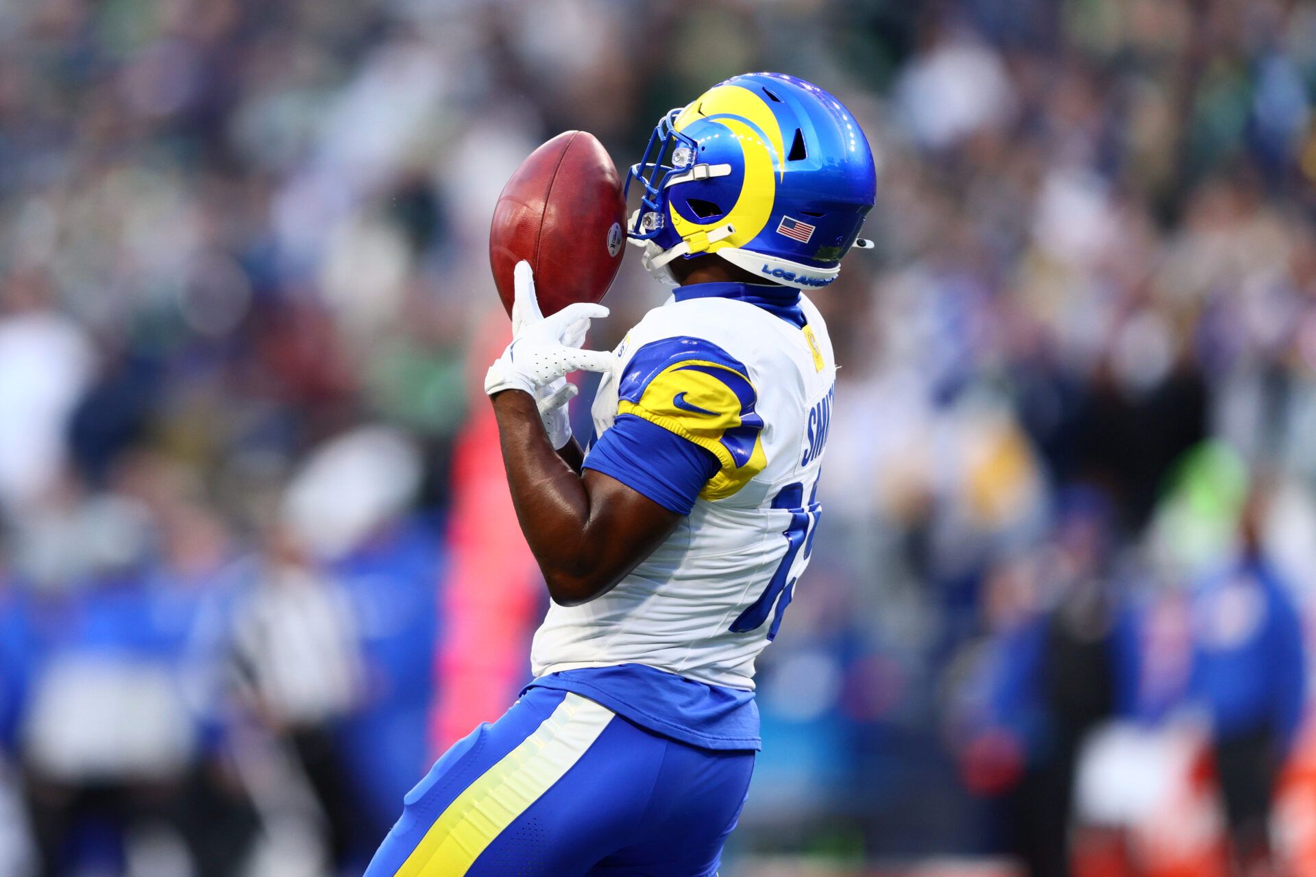 Los Angeles Rams wide receiver Xavier Smith (19) drops a punt return during the first half against the Seattle Seahawks in the 2026 NFC Championship Game at Lumen Field.