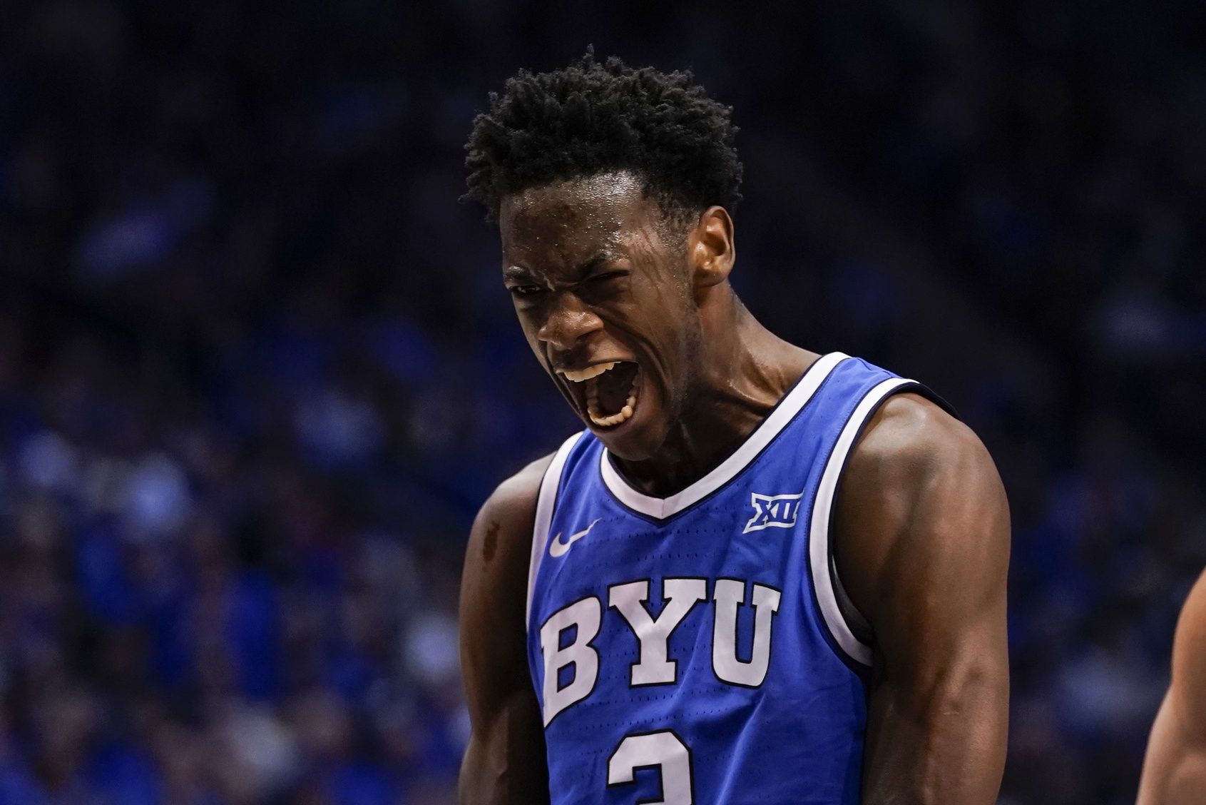 BYU Cougars forward AJ Dybantsa (3) reacts during the first half against the Utah Utes at Marriott Center.