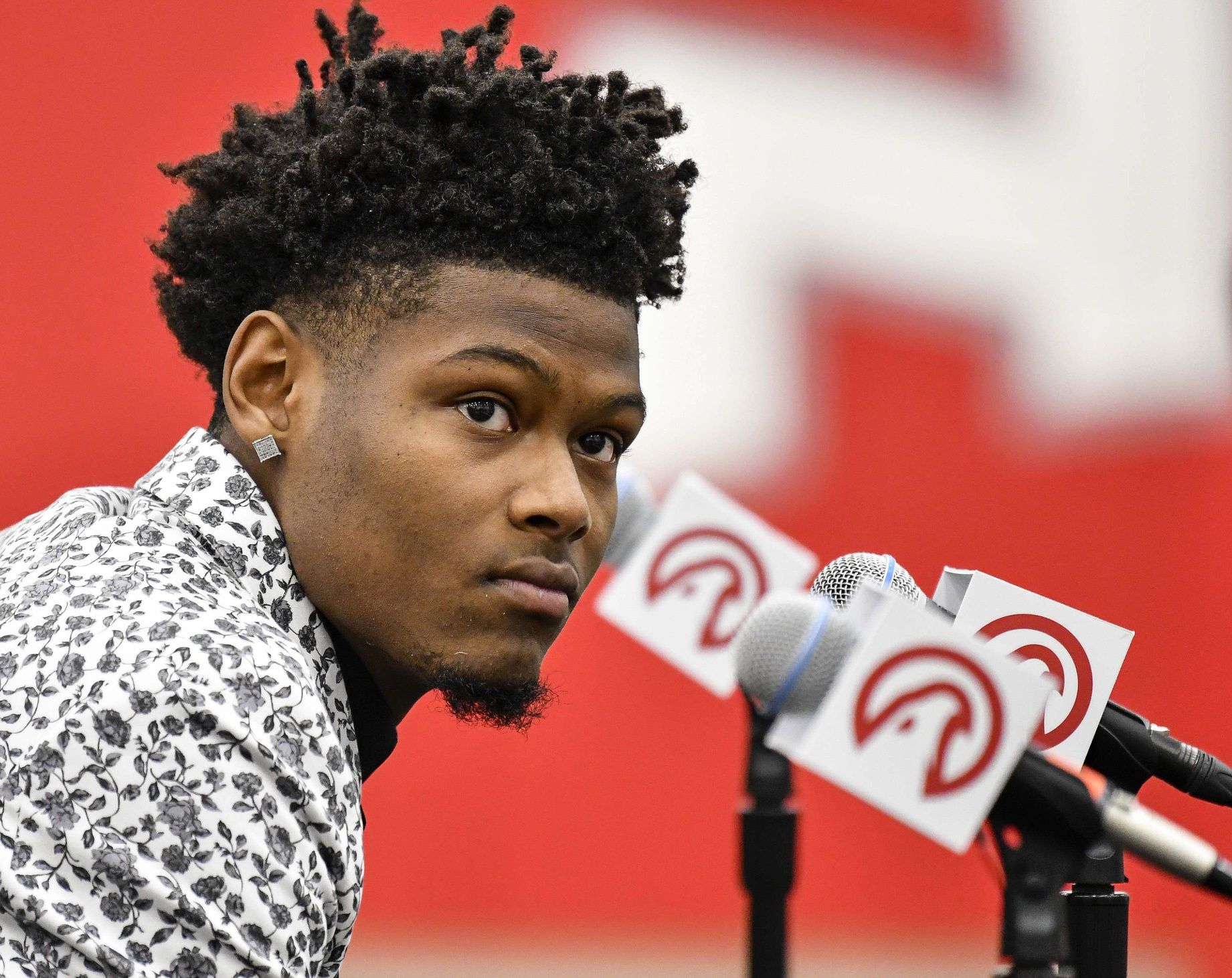 Atlanta Hawks draft pick Cam Reddish is interviewed during a press conference at Emory Sports Medicine Complex.