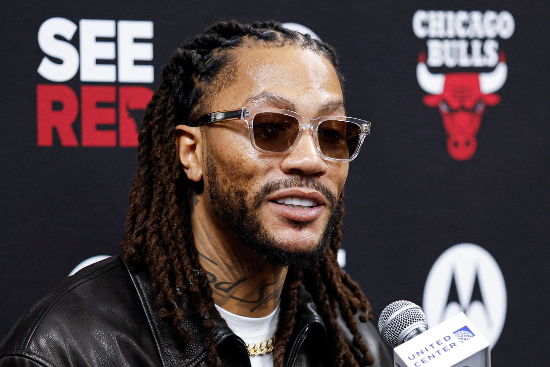 Former Chicago Bulls player Derrick Rose speaks during a press conference before an NBA game between the Chicago Bulls and Boston Celtics at United Center.
