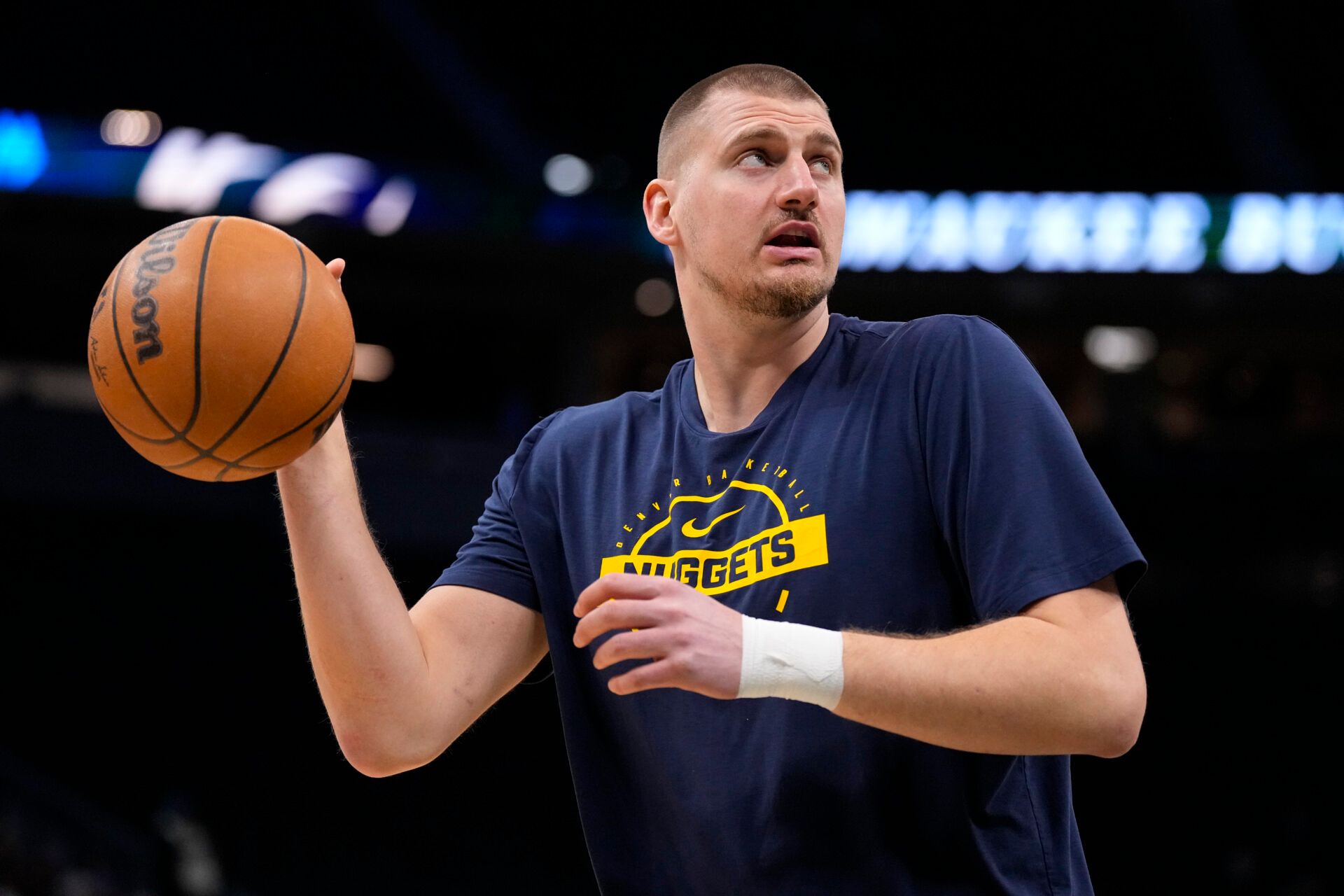 Denver Nuggets center Nikola Jokic (15) during warmups prior to the game against the Milwaukee Bucks at Fiserv Forum.