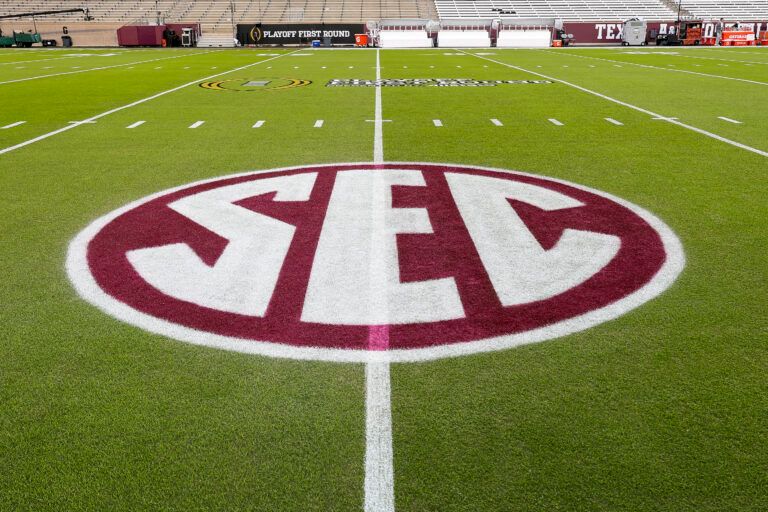A detail view of the SEC logo at Kyle Field prior to the game between the Miami Hurricanes and the Texas A&M Aggies.