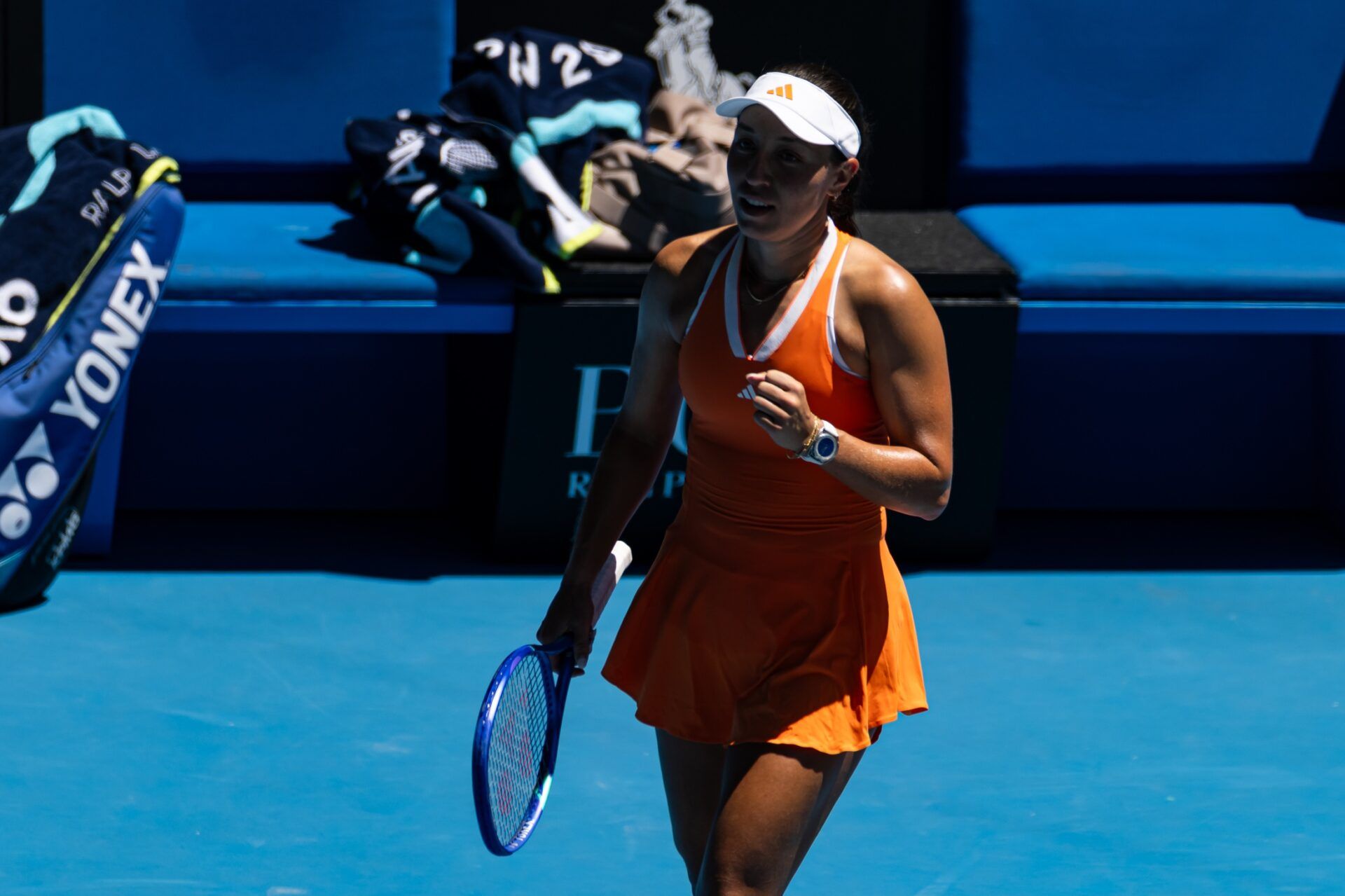 Jessica Pegula of United States celebrates her victory over Madison Keys of United States in the fourth round of the women’s singles at the Australian Open at Rod Laver Arena in Melbourne Park.