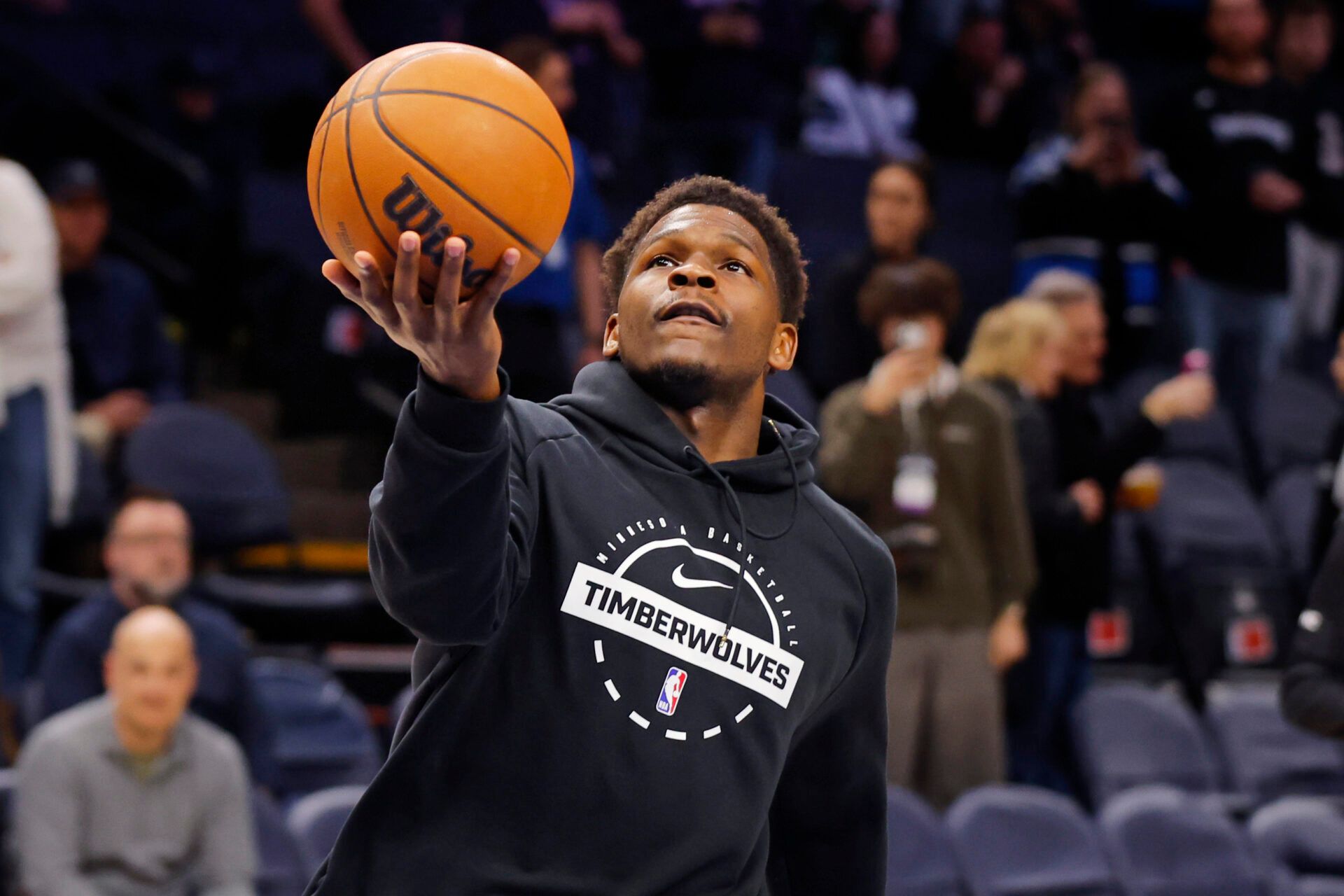 Minnesota Timberwolves guard Anthony Edwards (5) prepares to play the Miami Heat before the game at Target Center.