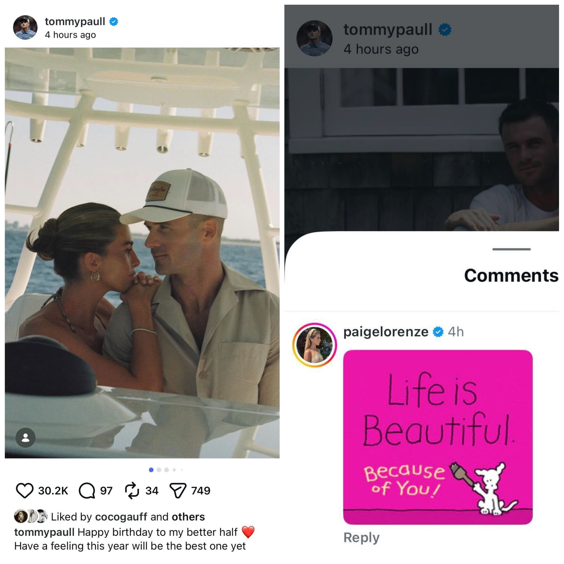 Screen grab of Coco Gauff's like on Tommy Paul's post