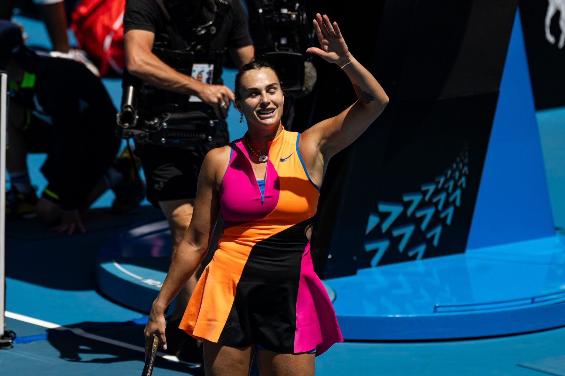 Aryna Sabalenka celebrates her victory over Victoria Mboko of Canada in the fourth round of the women’s singles at the Australian Open at Rod Laver Arena in Melbourne Park.