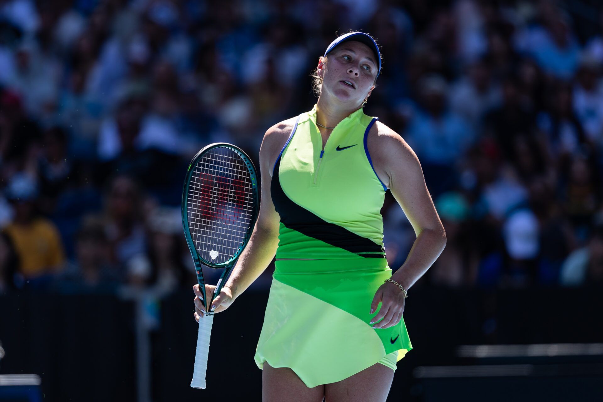 Amanda Anisimova of United States in action against Xinyu Wang of China in the fourth round of the womens singles at the Australian Open at John Cain Arena in Melbourne Park.