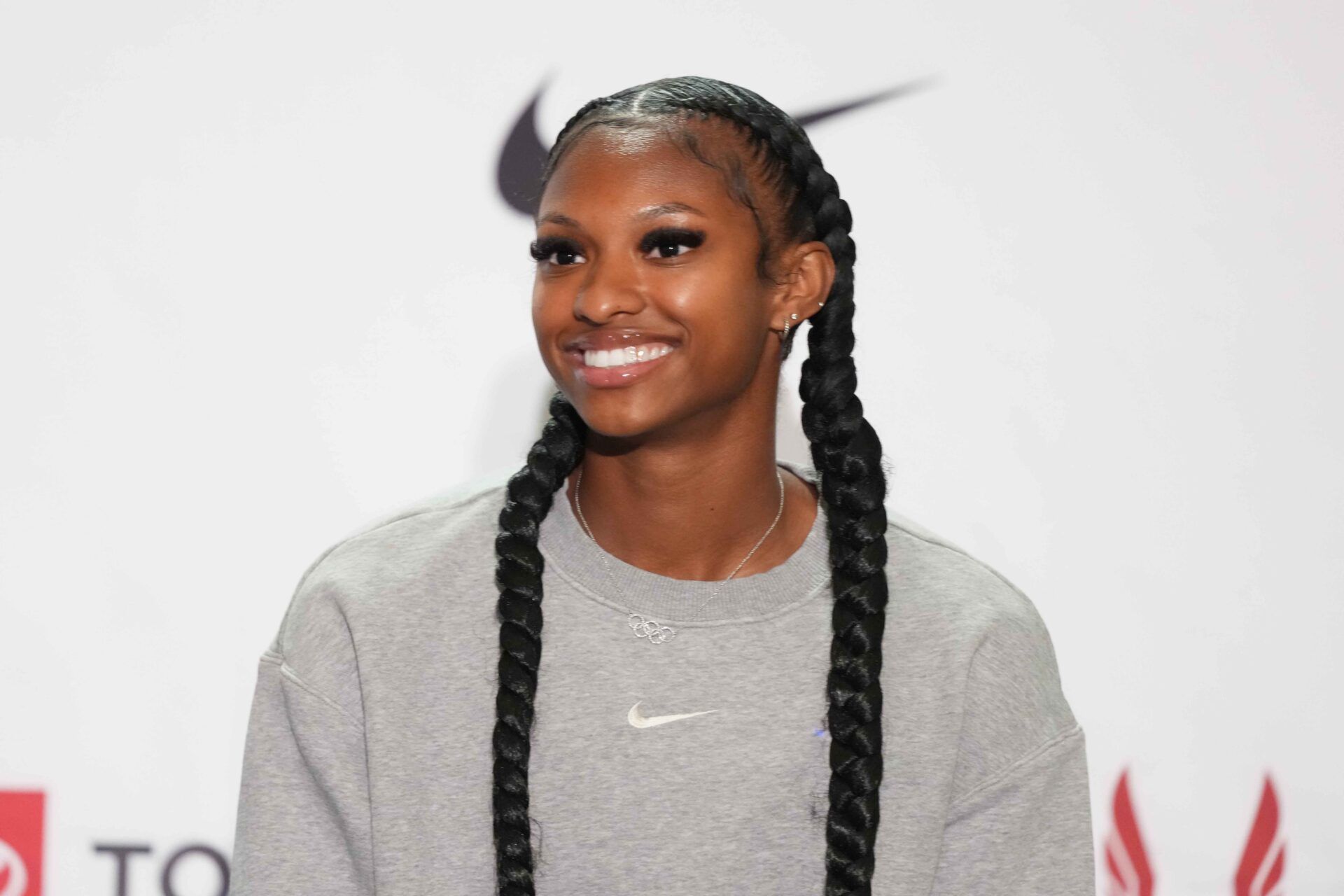 Masai Russell during USATF Championships press conference at the Graduate Hotel Eugene.