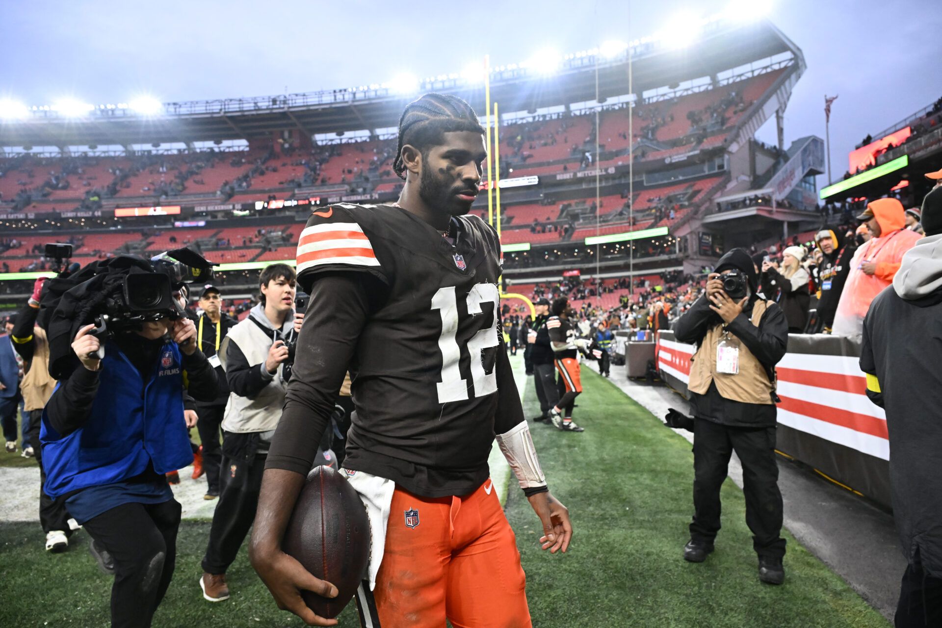 Cleveland Browns quarterback Shedeur Sanders (12) exits the field after the game against the Pittsburgh Steelers at Huntington Bank Field.