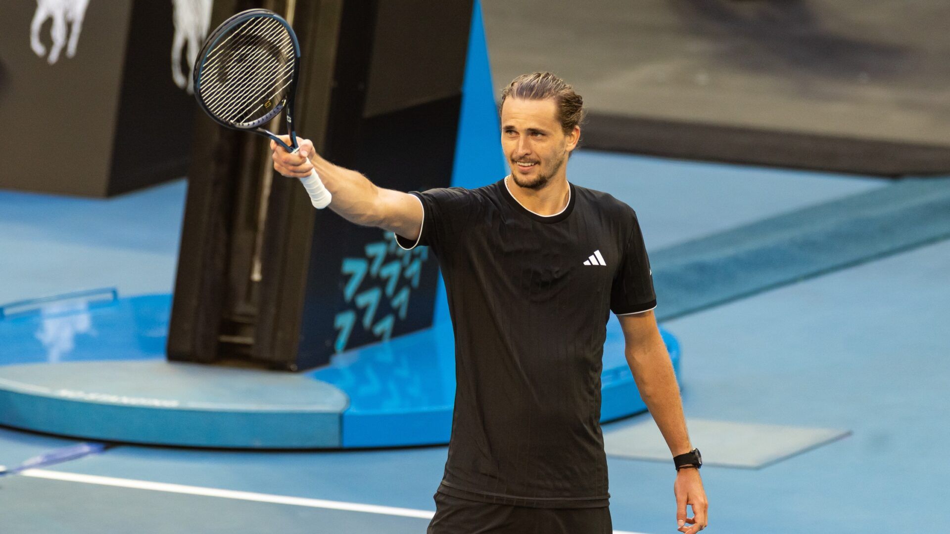 Alexander Zverev of Germany celebrates his victory over Francisco Cerundolo of Argentina in the fourth round of the mens singles at the Australian Open at John Cain Arena in Melbourne Park.