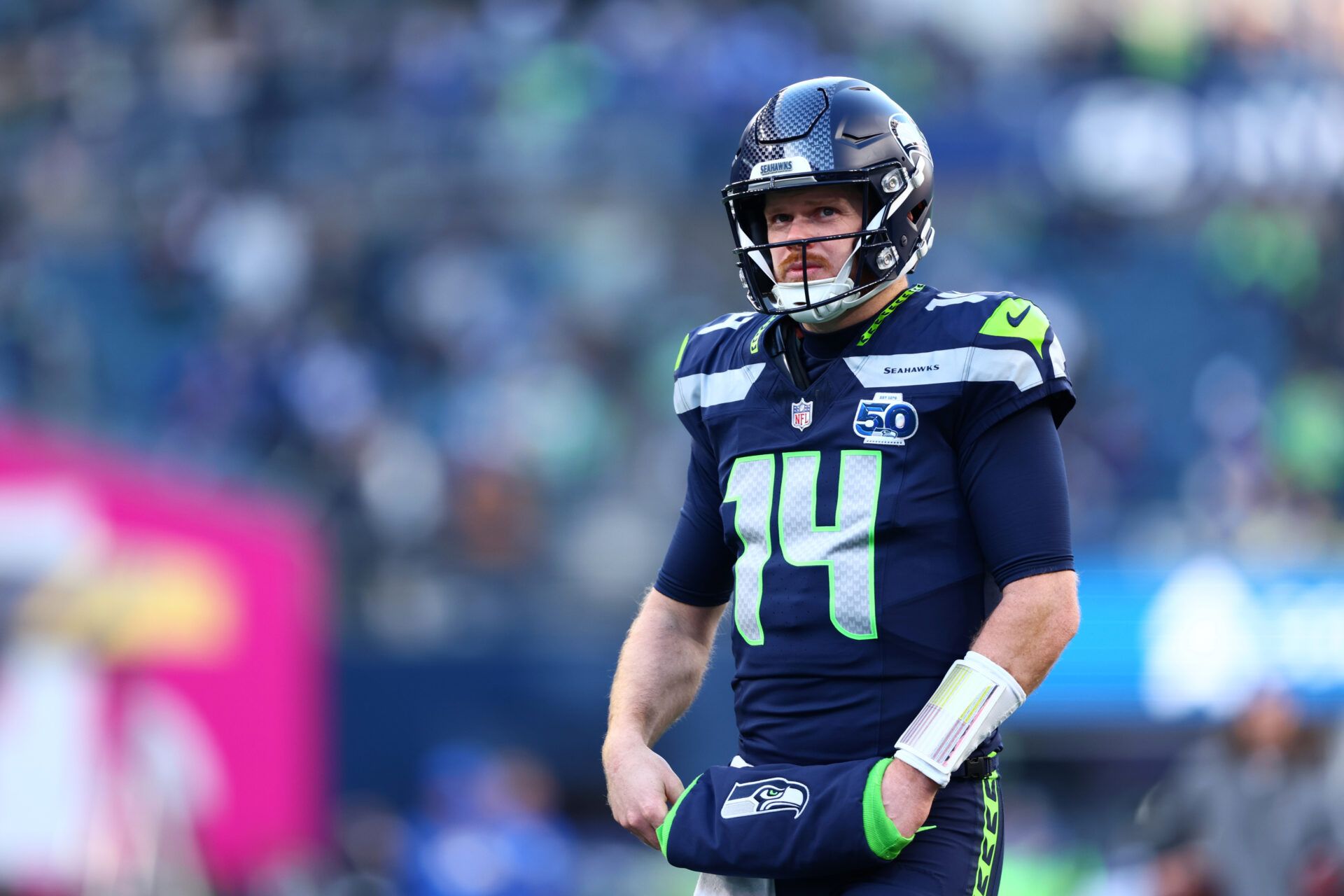 Seattle Seahawks quarterback Sam Darnold (14) looks on before the 2026 NFC Championship Game against the Los Angeles Rams at Lumen Field.