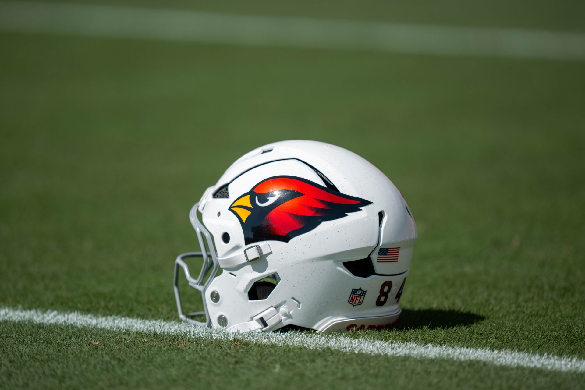 Detail view of an Arizona Cardinals helmet for tight end Elijah Higgins (84) before the game against the San Francisco 49ers at Levi's Stadium.