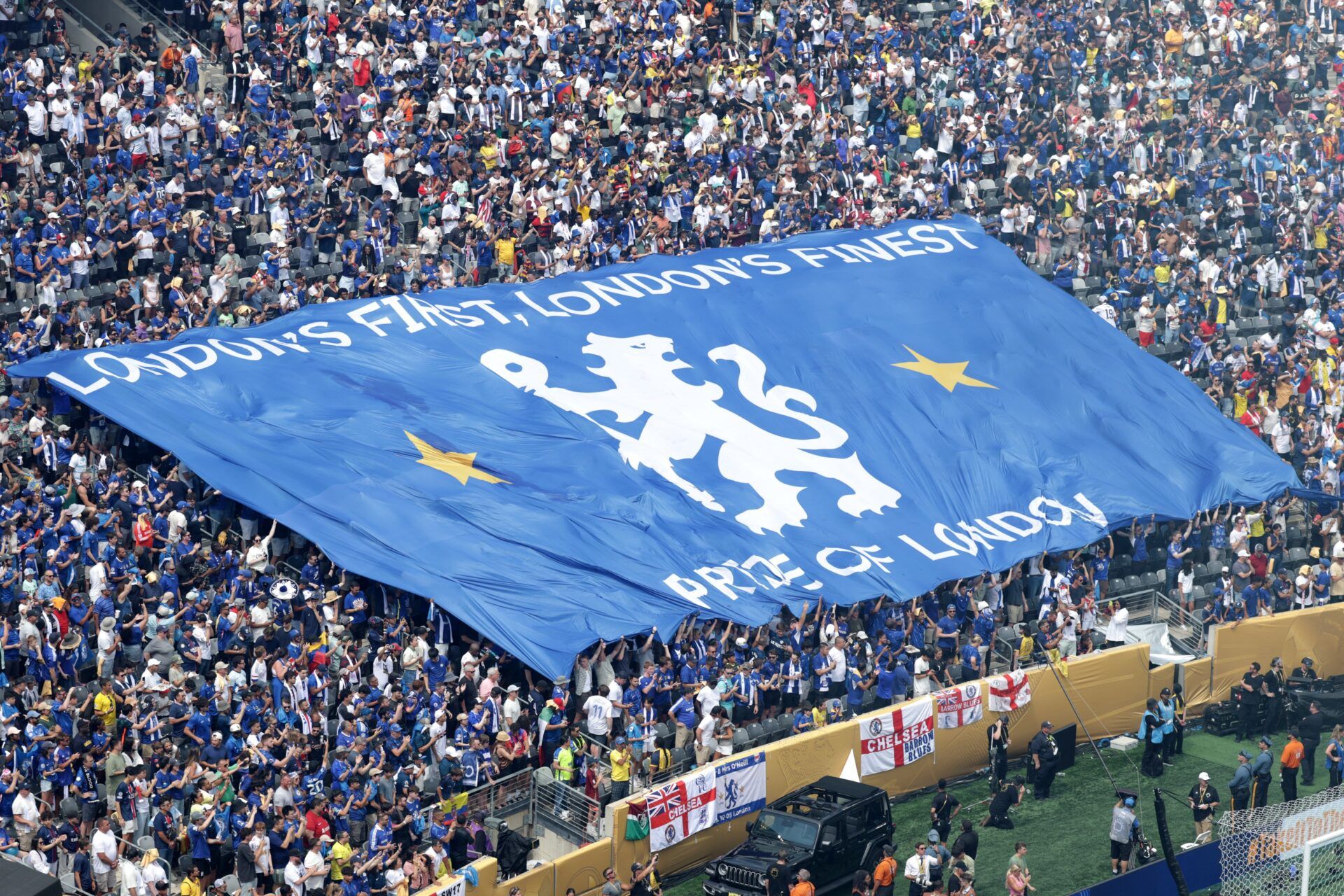 [Subscription Customers Only] Jul 13, 2025; East Rutherford, New Jersey, USA; Chelsea fans display a flag before the final of the 2025 FIFA Club World Cup at MetLife Stadium.
