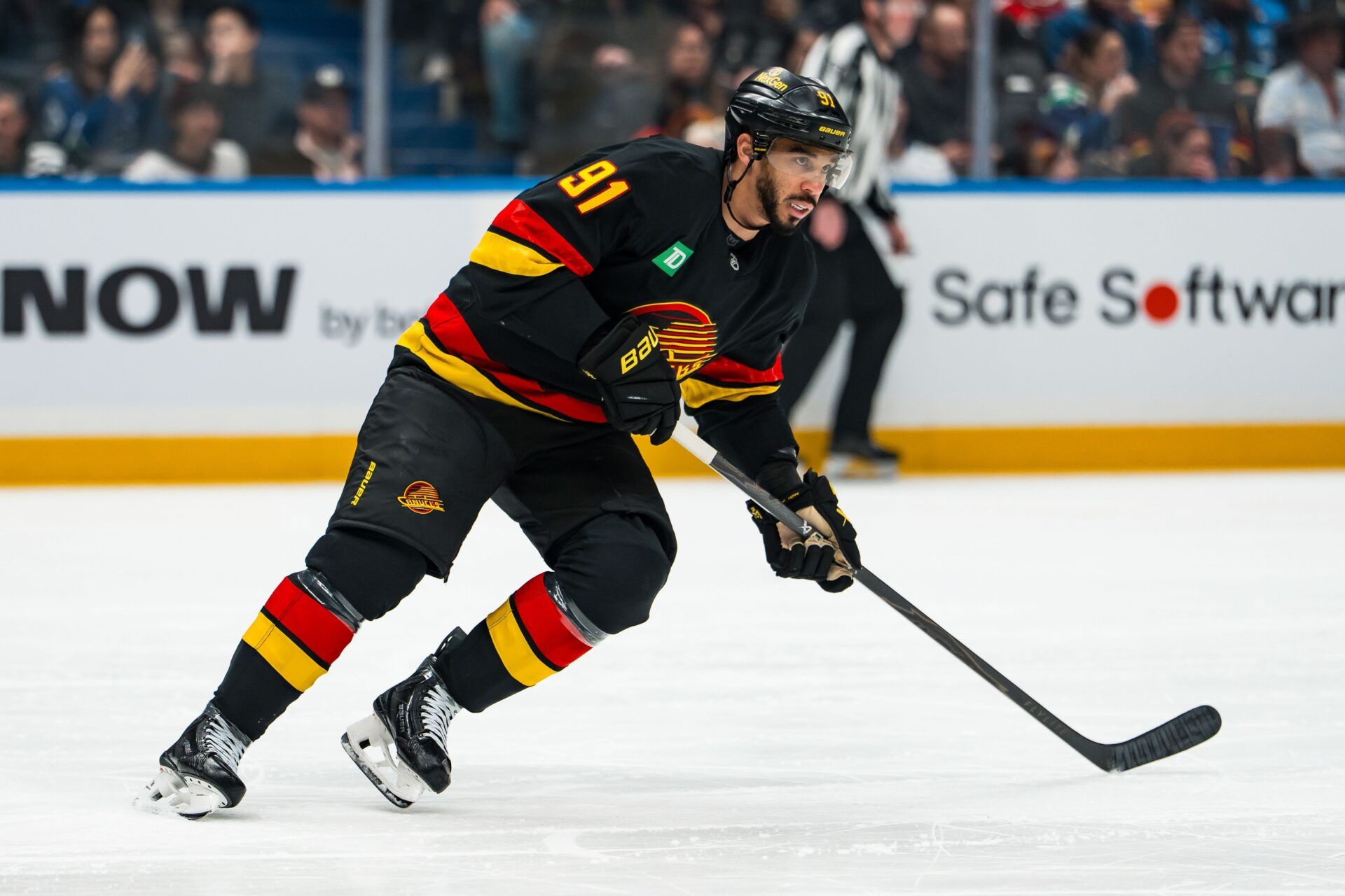 Vancouver Canucks forward Evander Kane (91) skates against the New Jersey Devils in the second period at Rogers Arena.