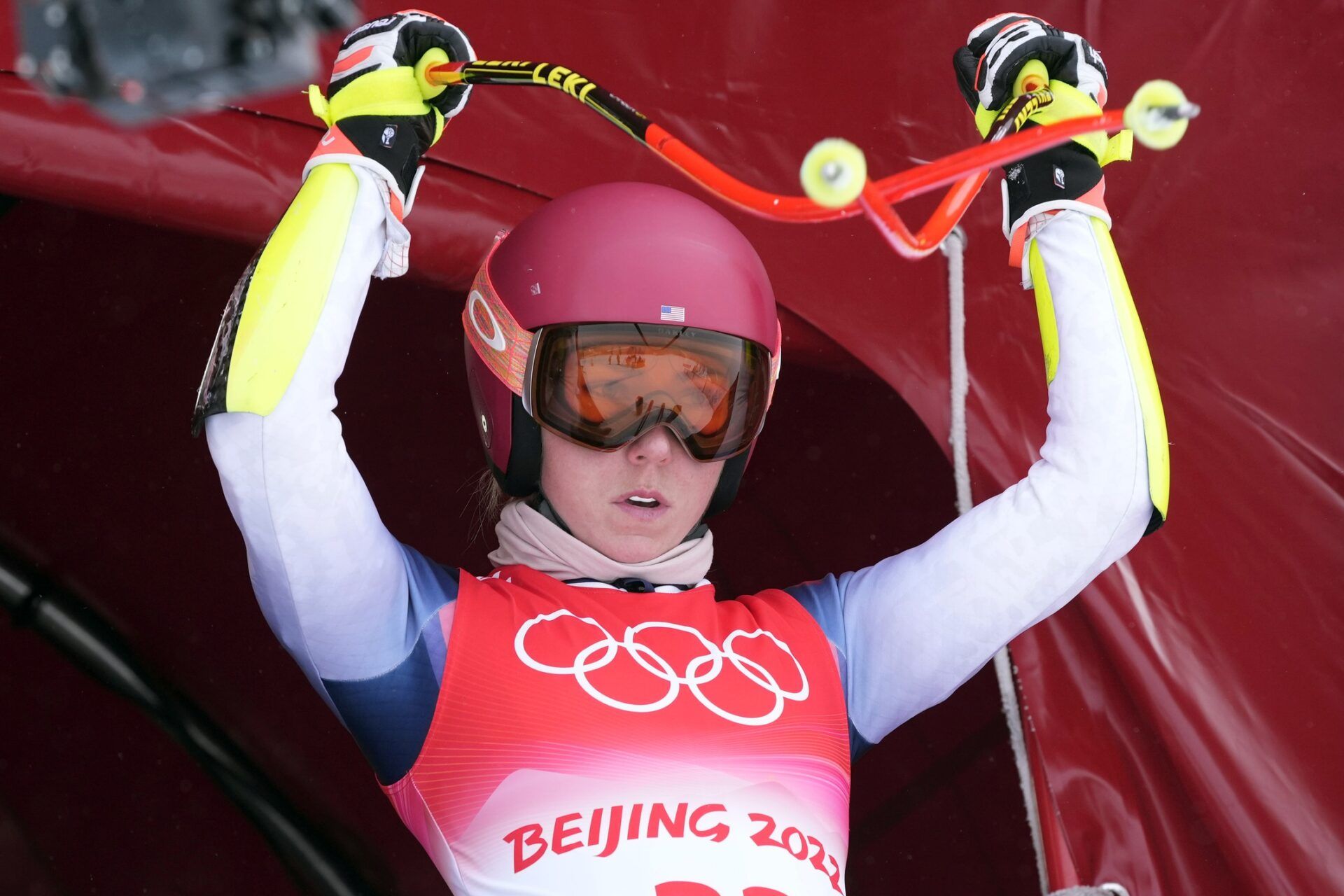 Mikaela Shiffrin (USA) trains during women's downhill training at the Beijing 2022 Olympic Winter Games at Yanqing Alpine Skiing Centre.