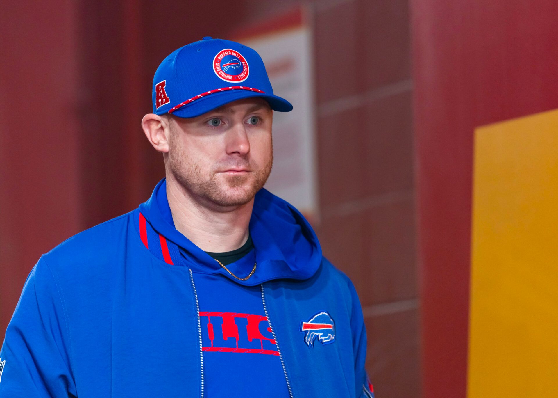 Buffalo Bills offensive coordinator Joe Brady against the Kansas City Chiefs during the AFC Championship game at GEHA Field at Arrowhead Stadium.