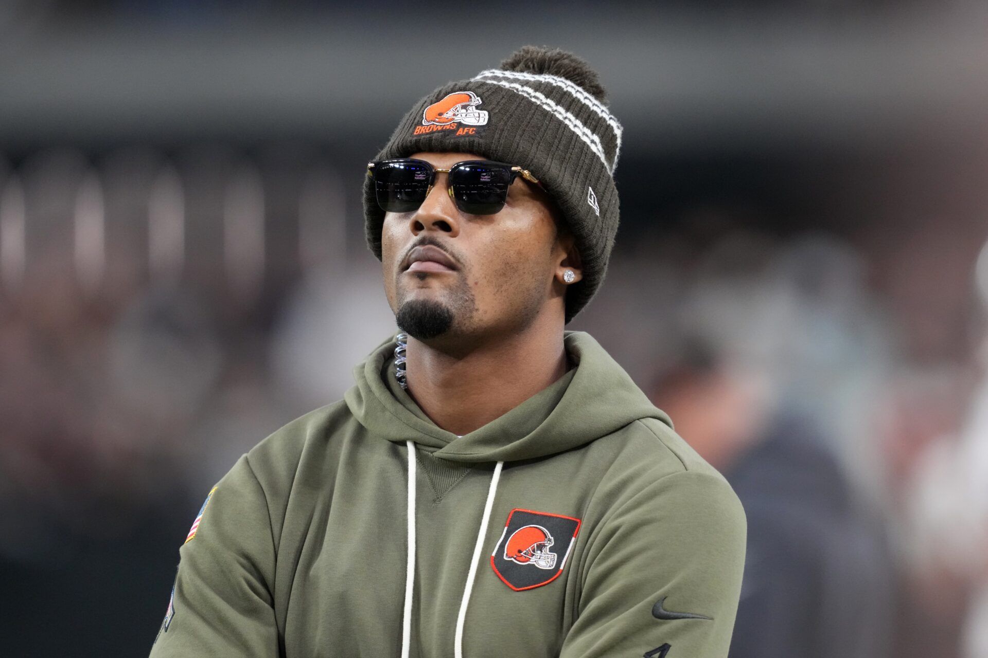 Cleveland Browns quarterback Deshaun Watson watches on the sidelines against the Las Vegas Raiders in the second half at Allegiant Stadium.