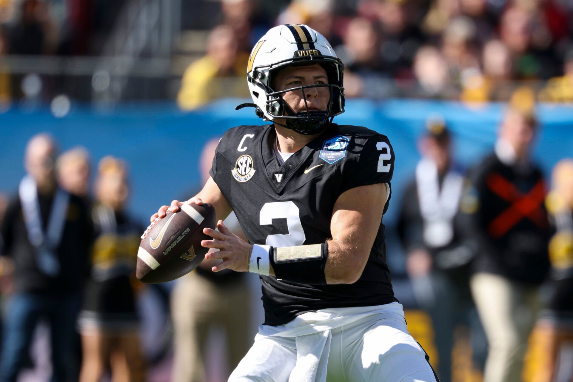 Vanderbilt Commodores quarterback Diego Pavia (2) throws a pass against the Iowa Hawkeyes in the first quarter during the ReliaQuest Bowl at Raymond James Stadium.