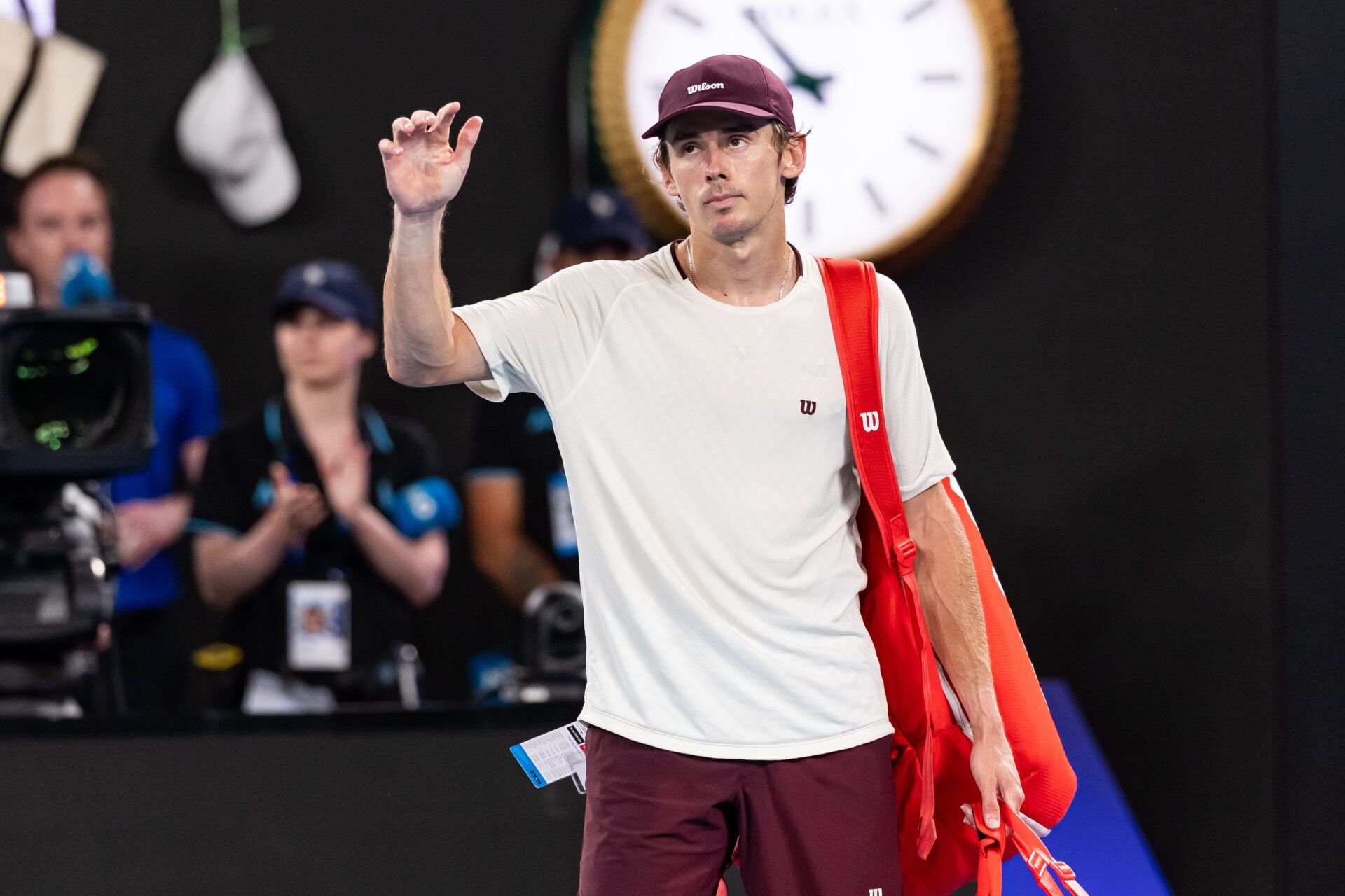 Alex de Minaur of Australia in action against Carlos Alcaraz of Spain in the quarterfinals of the men’s singles at the Australian Open at Rod Laver Arena in Melbourne Park.