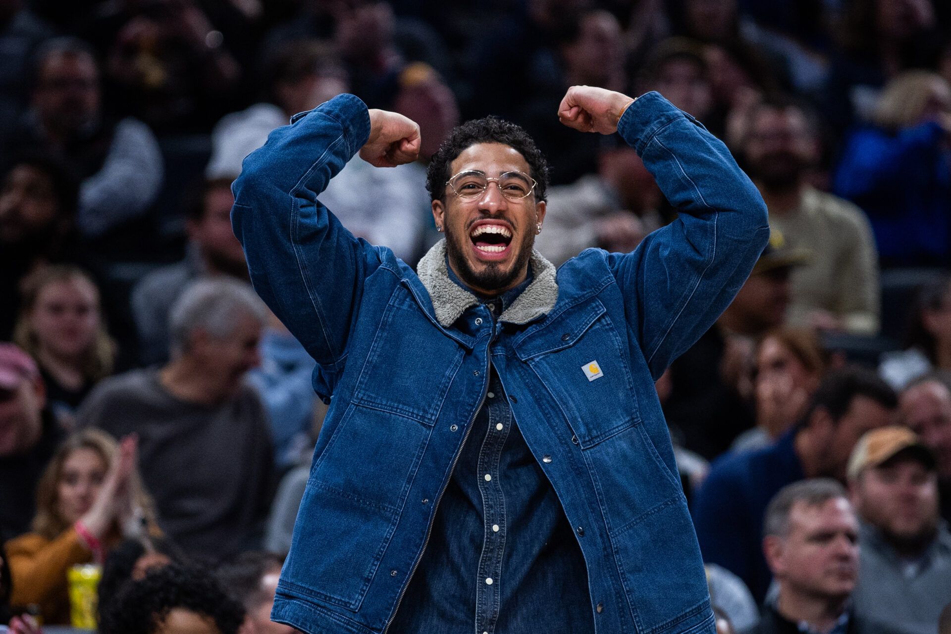 Indiana Pacers guard Tyrese Haliburton (0) reacts to a dunk in the second half against the Toronto Raptors at Gainbridge Fieldhouse.