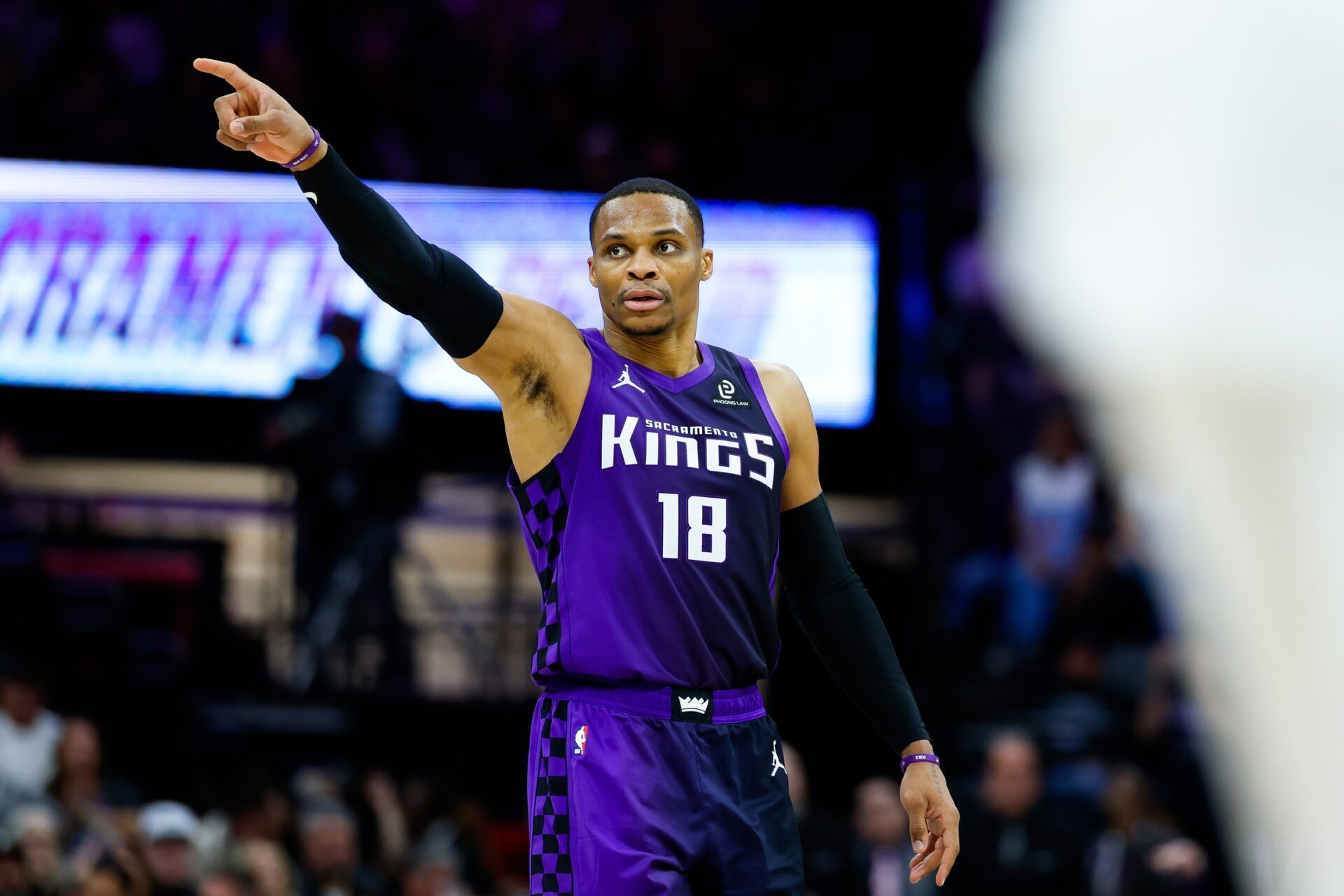 Sacramento Kings guard Russell Westbrook (18) points to the bench during the fourth quarter against the Washington Wizards at Golden 1 Center.