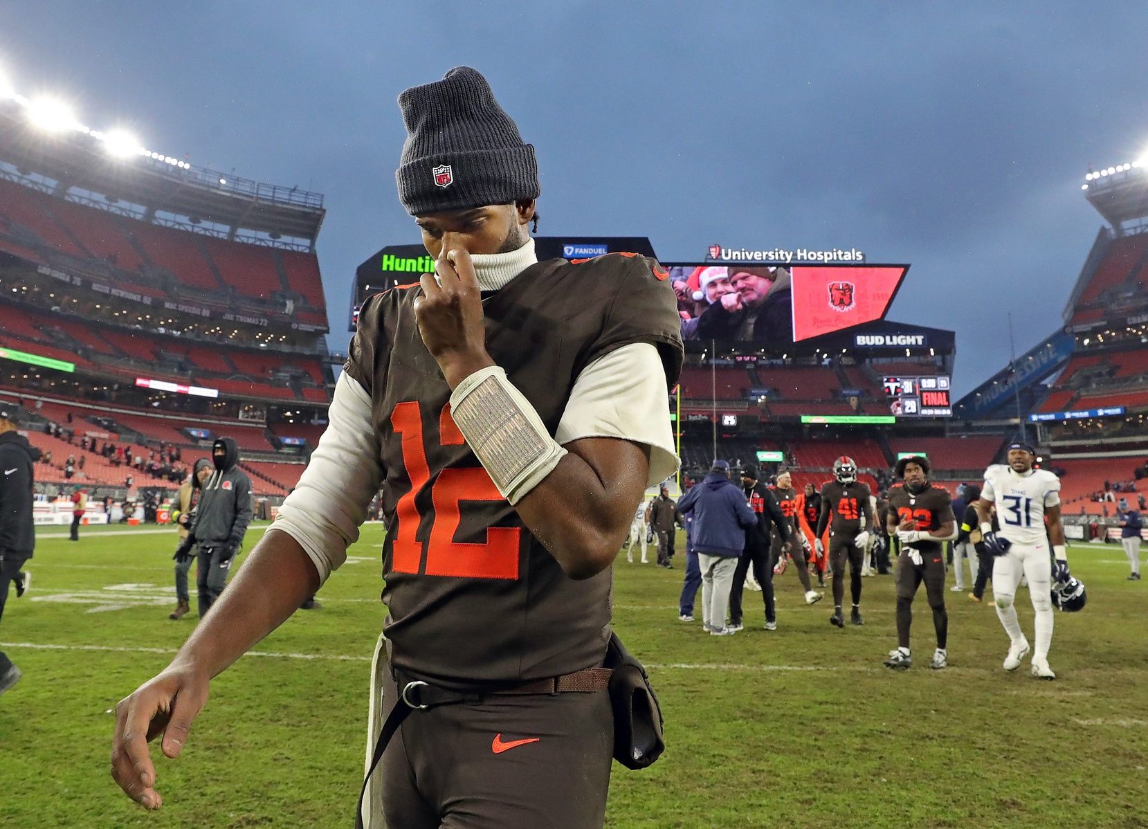Cleveland Browns quarterback Shedeur Sanders (12) walks off the field after losing to the Tennessee Titans in an NFL football game at Huntington Bank Field, Dec. 7, 2025, in Cleveland, Ohio.