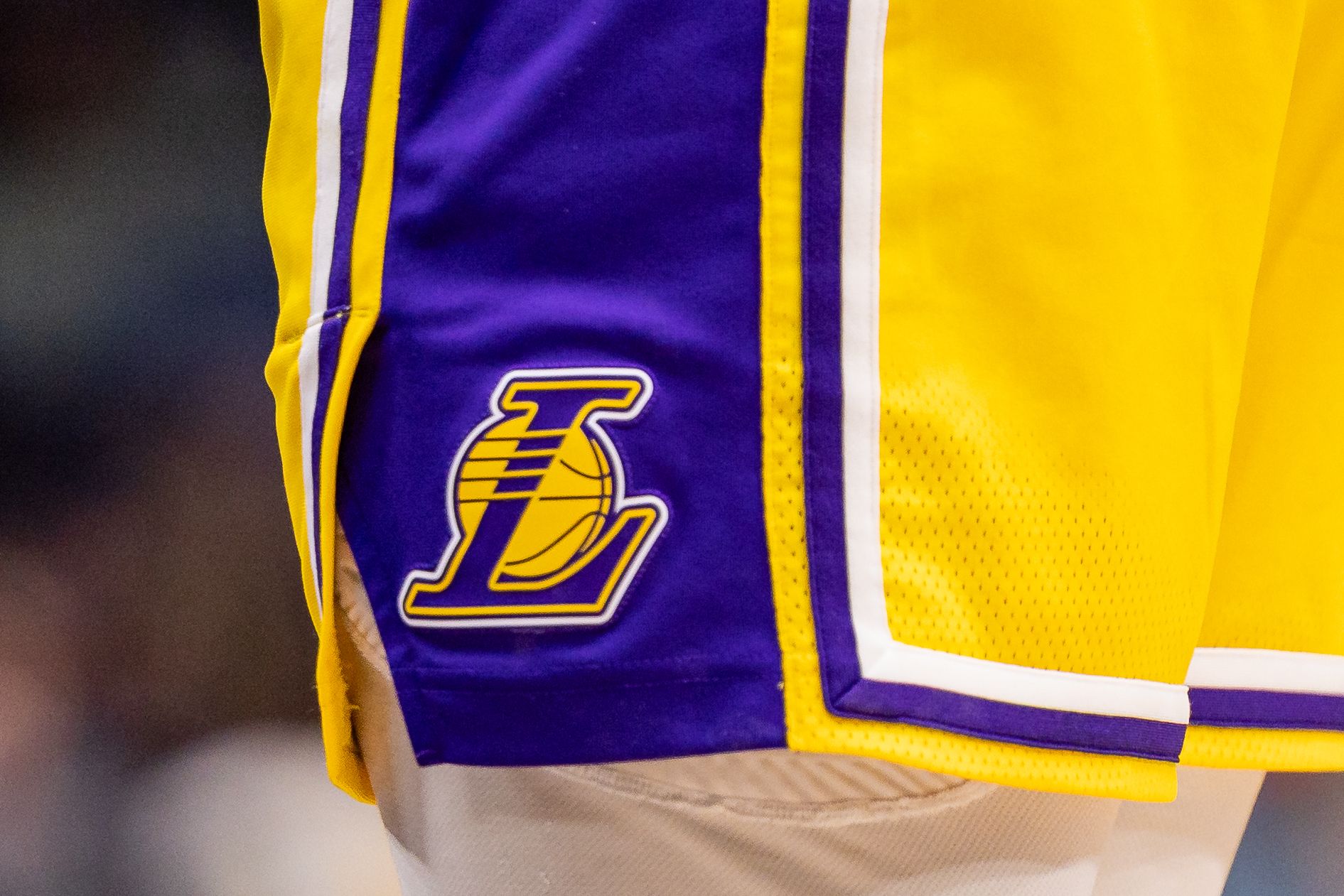 Detailed view of the Los Angeles Lakers logo against the New Orleans Pelicans during the first half at Smoothie King Center.