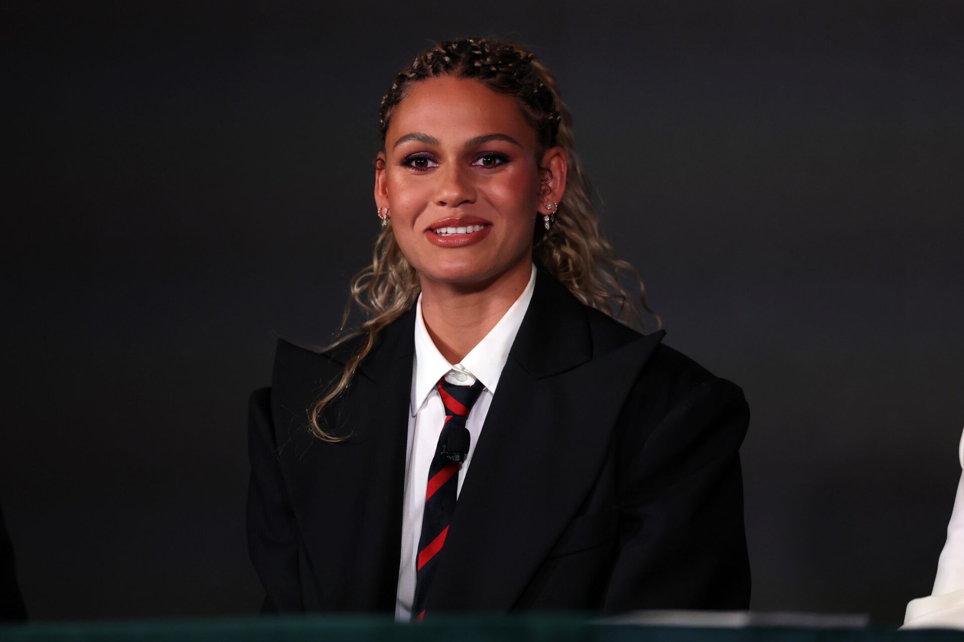 Trinity Rodman of the Washington Spirit speaks to media during a press conference at BMO Stadium.