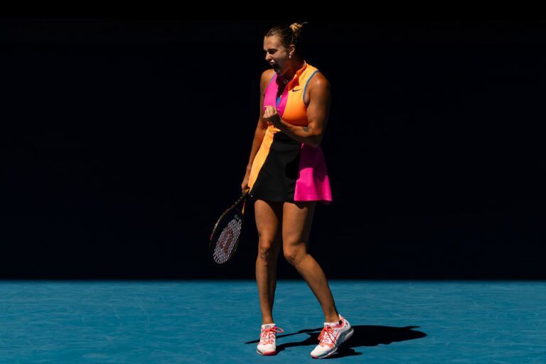 Aryna Sabalenka in action against Iva Jovic of United States in the quarterfinals of the womens singles at the Australian Open at Rod Laver Arena in Melbourne Park.