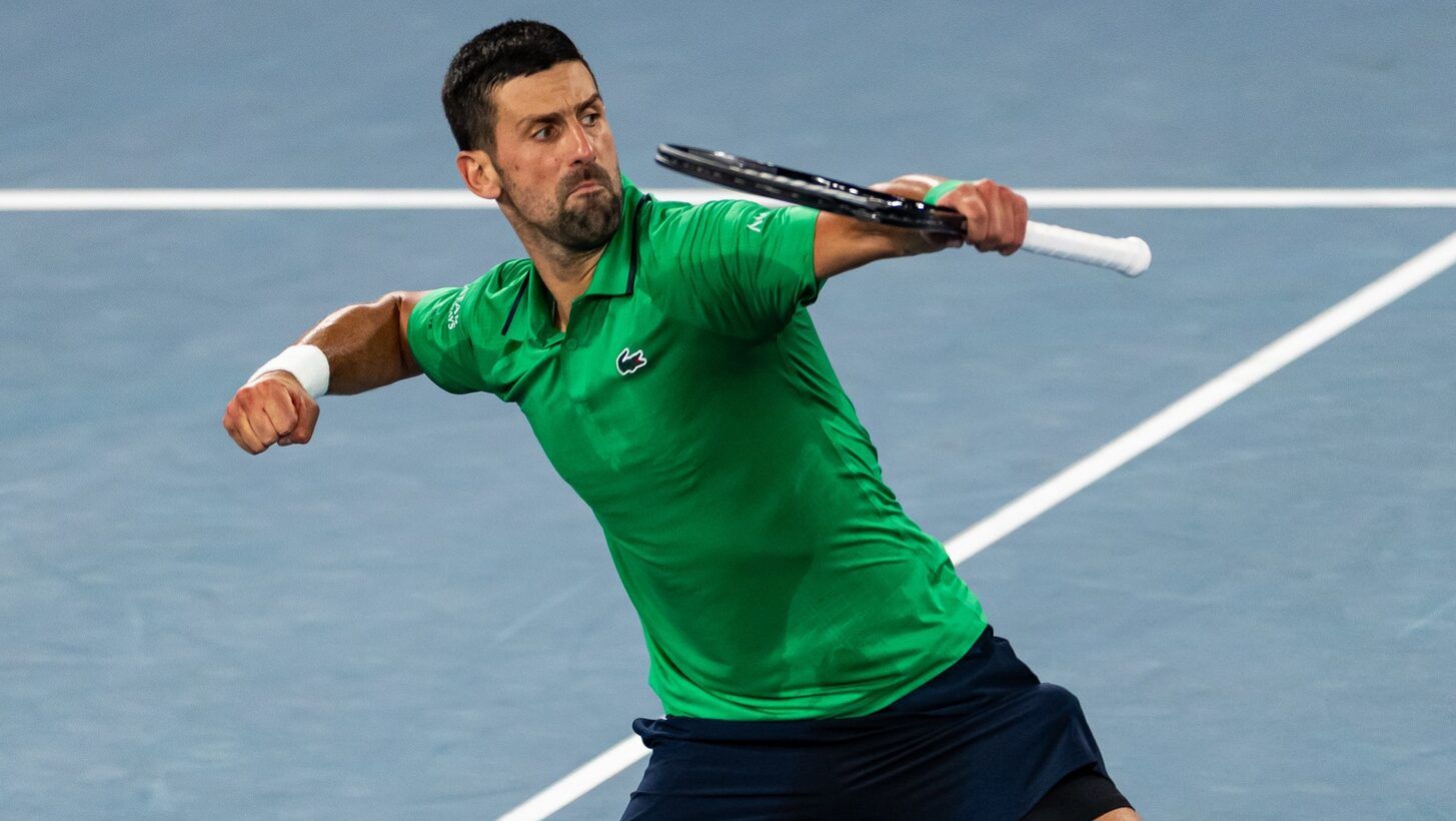 Novak Djokovic of Serbia in action against Botic van de Zandschulp of Netherlands in the third round of the mens singles at the Australian Open at Rod Laver Arena in Melbourne Park.