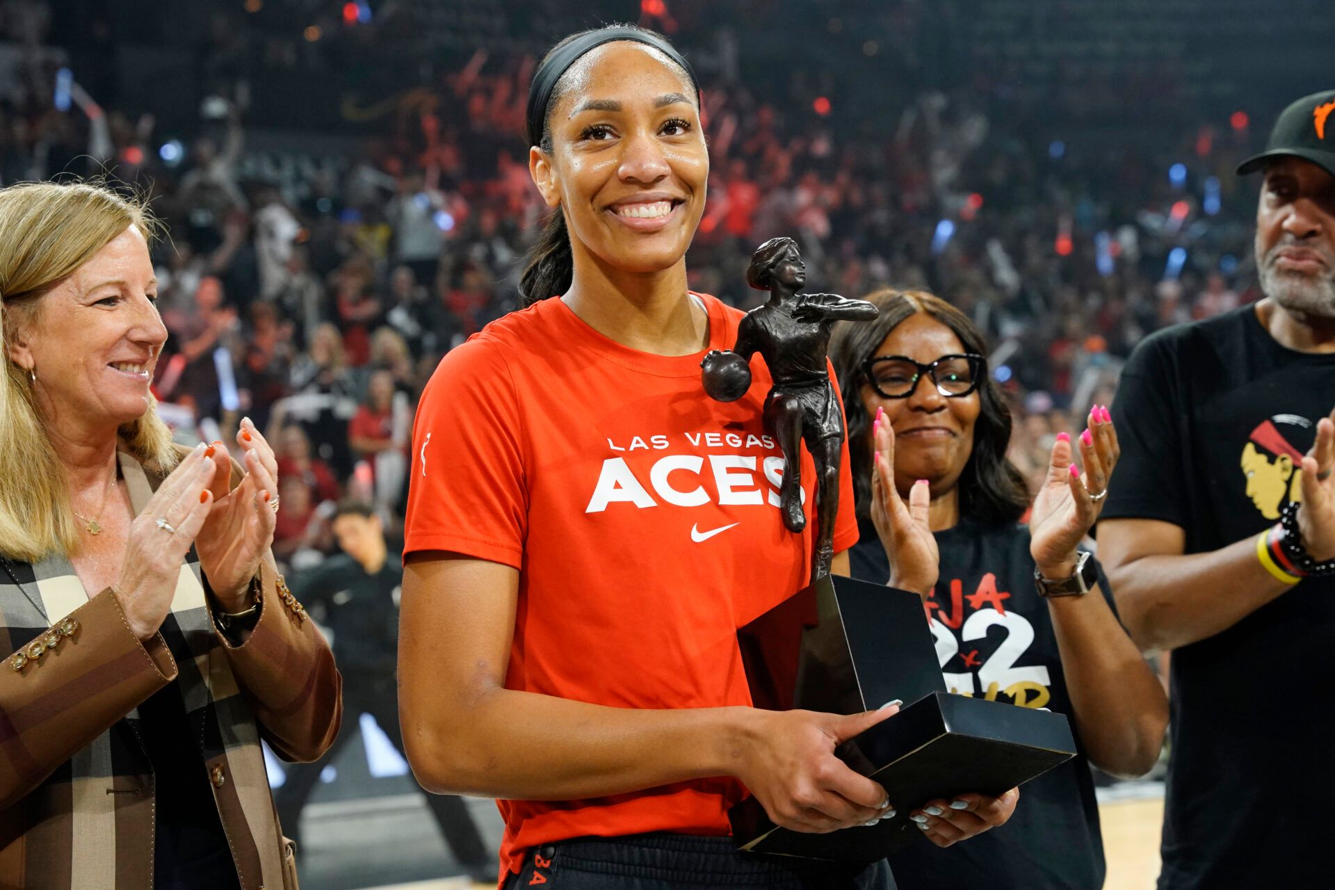 Las Vegas Aces forward Aja Wilson (22) receives the MVP trophy prior to game one of the 2022 WNBA Finals against the Connecticut Sun at Michelob Ultra Arena.