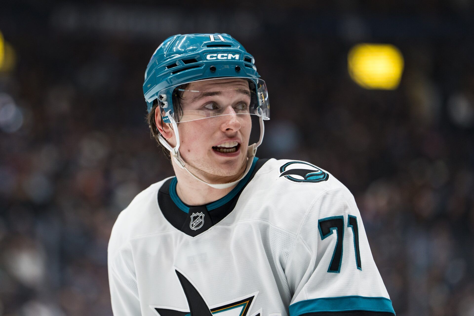 San Jose Sharks forward Macklin Celebrini (71) during a stop in play against the Vancouver Canucks in the first period at Rogers Arena.