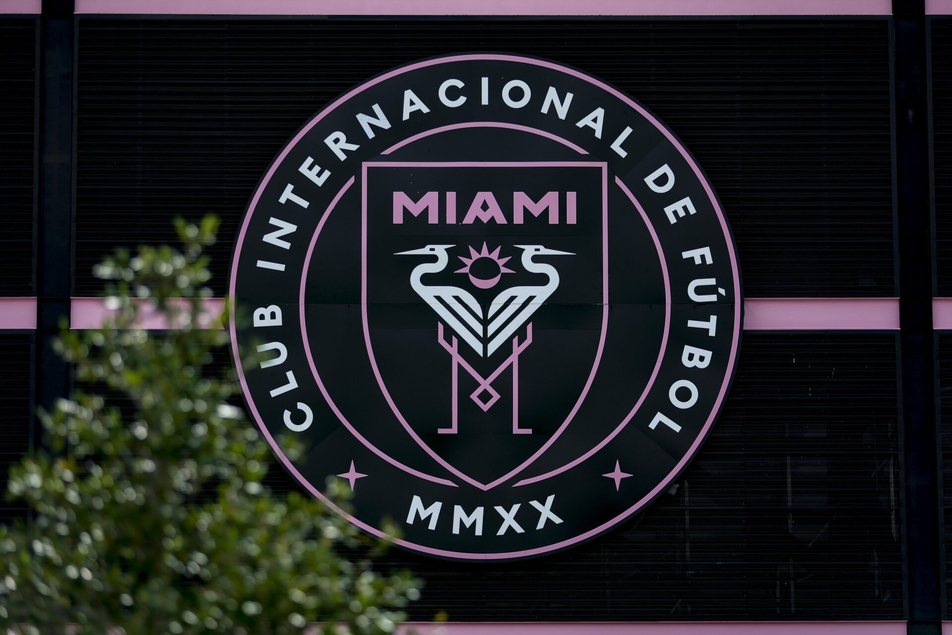 A view of the Inter Miami CF logo outside DRV PNK Stadium.