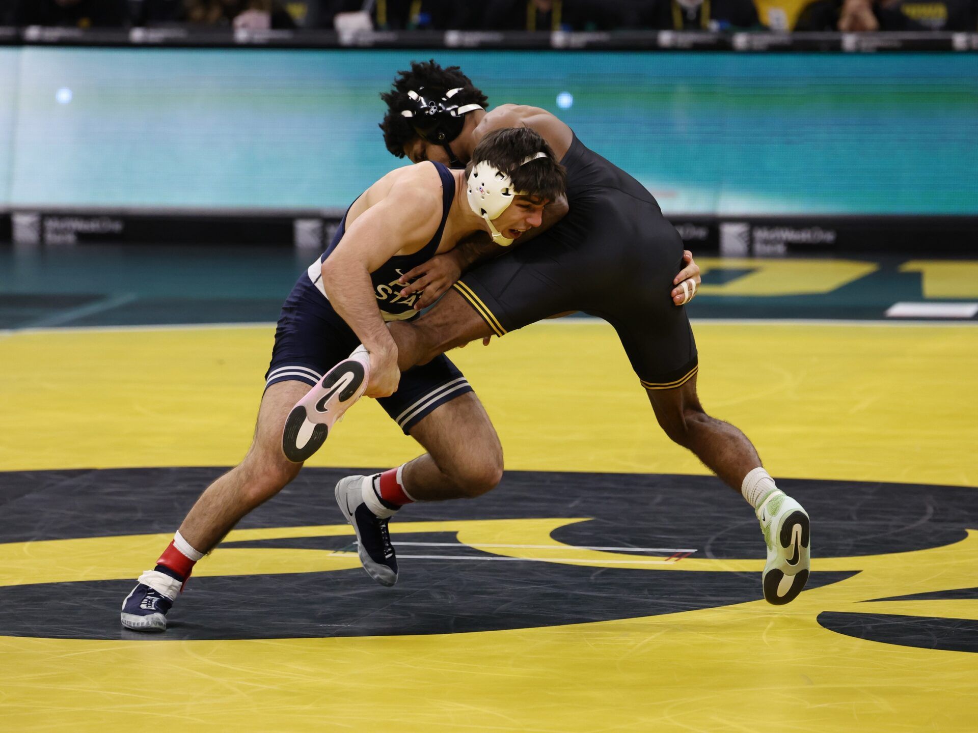 Penn State Nittany Lions PJ Duke (157) wrestles Iowa Hawkeyes Jordan Williams (157) at Carver-Hawkeye Arena.