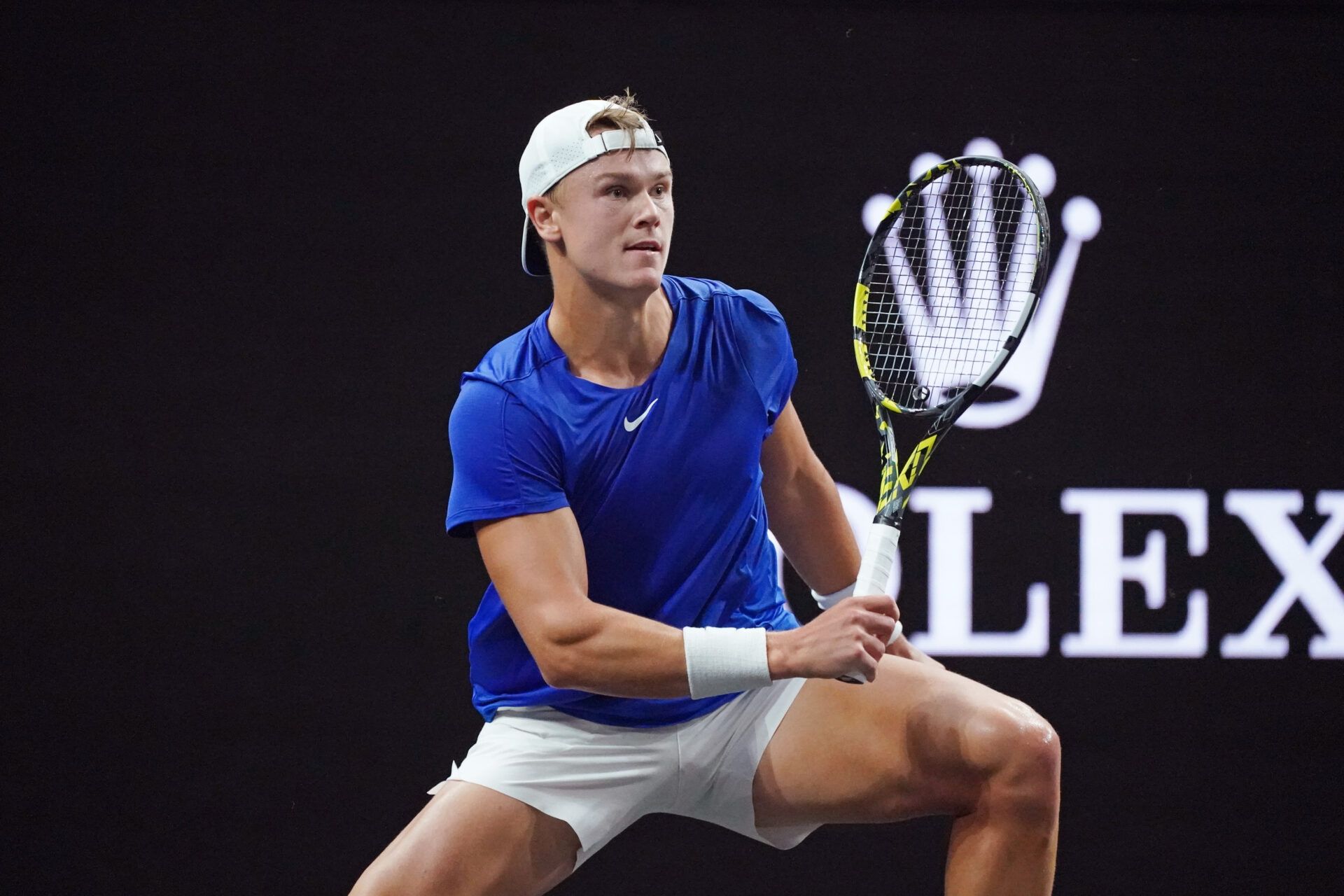 Team Europe player Holger Rune returns a ball from Team World player Francisco Cerundolo during the Laver Cup at Chase Center.